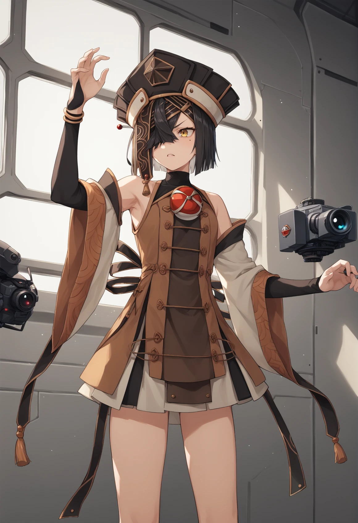 1girl, short hair, black hair, hair over one eye, yellow eyes, mole under eye, hairband, hairpin, hat, chinese clothes, long sleeves, wide sleeves, detached sleeves, skirt, bridal gauntlets, hat, jewelry, bracelet, standing, indoors, spacecraft, fighting stance, casting spell, dyynamic pose, cowboy shot <lora:Xu_Fu_XL:1>, score_9, score_8_up, score_7_up, score_6_up, score_5_up, score_4_up, BREAK source_anime, masterpiece