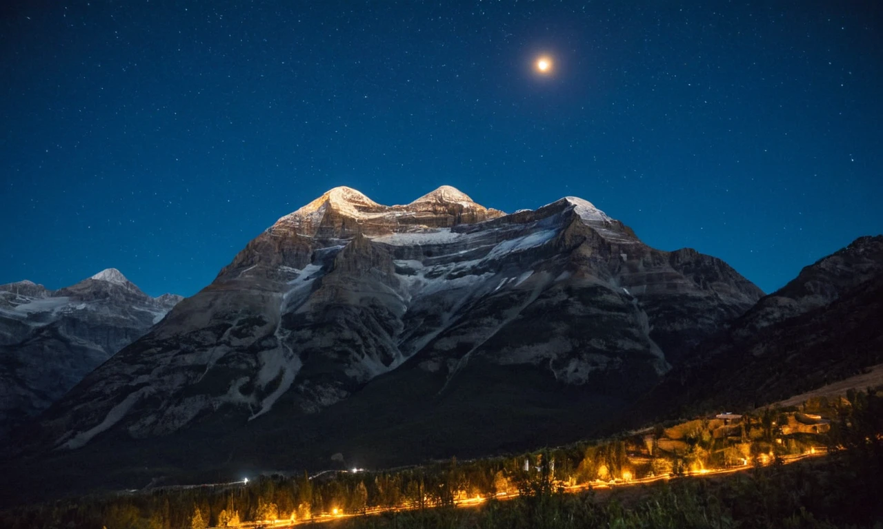 ep1cl@nd$c@pe, city lights in the distance, mountain range, night time, starry sky, moon
