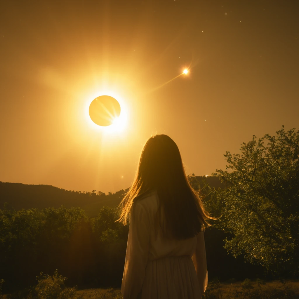 cinematic film still of  <lora:Solar flare style:1>
A Solar flare image of a large object is seen in the sky,1girl,solo,long hair,wings,tree,glowing,scenery,magic,cinematic,cosmos,detailed,detailed color,Solar flare style , heat, radiation, emission of electromagnetic radiation, shallow depth of field, vignette, highly detailed, high budget, bokeh, cinemascope, moody, epic, gorgeous, film grain, grainy