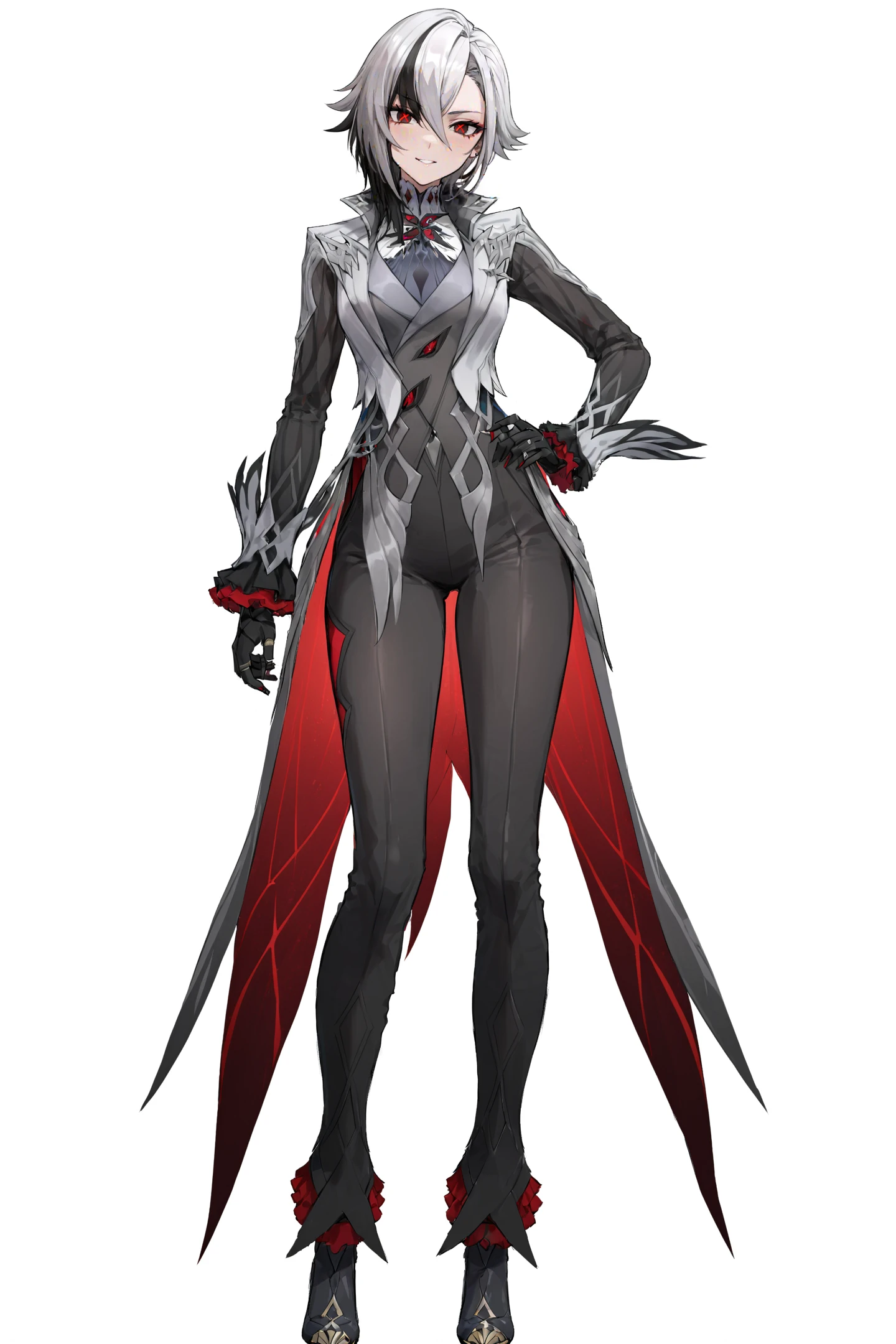 score_9,score_8_up,score_7_up,score_6_up,
8k,best quality,masterpiece,(ultra-detailed:1.1),(high detailed skin),
(full body:1.4),white background,standing,looking at viewer,(solo:1.4),hand on hip,
<lora:Arlecchino-A3-Tanger:0.8>,Arlecchino,def clothes,1girl,x-shaped pupils,red pupils,black gloves,pants,symbol-shaped pupils,
(white background, simple background:1.3),
(beautiful_face),((intricate_detail)),clear face,
((finely_detailed)),fine_fabric_emphasis,
((glossy)),full_shot,