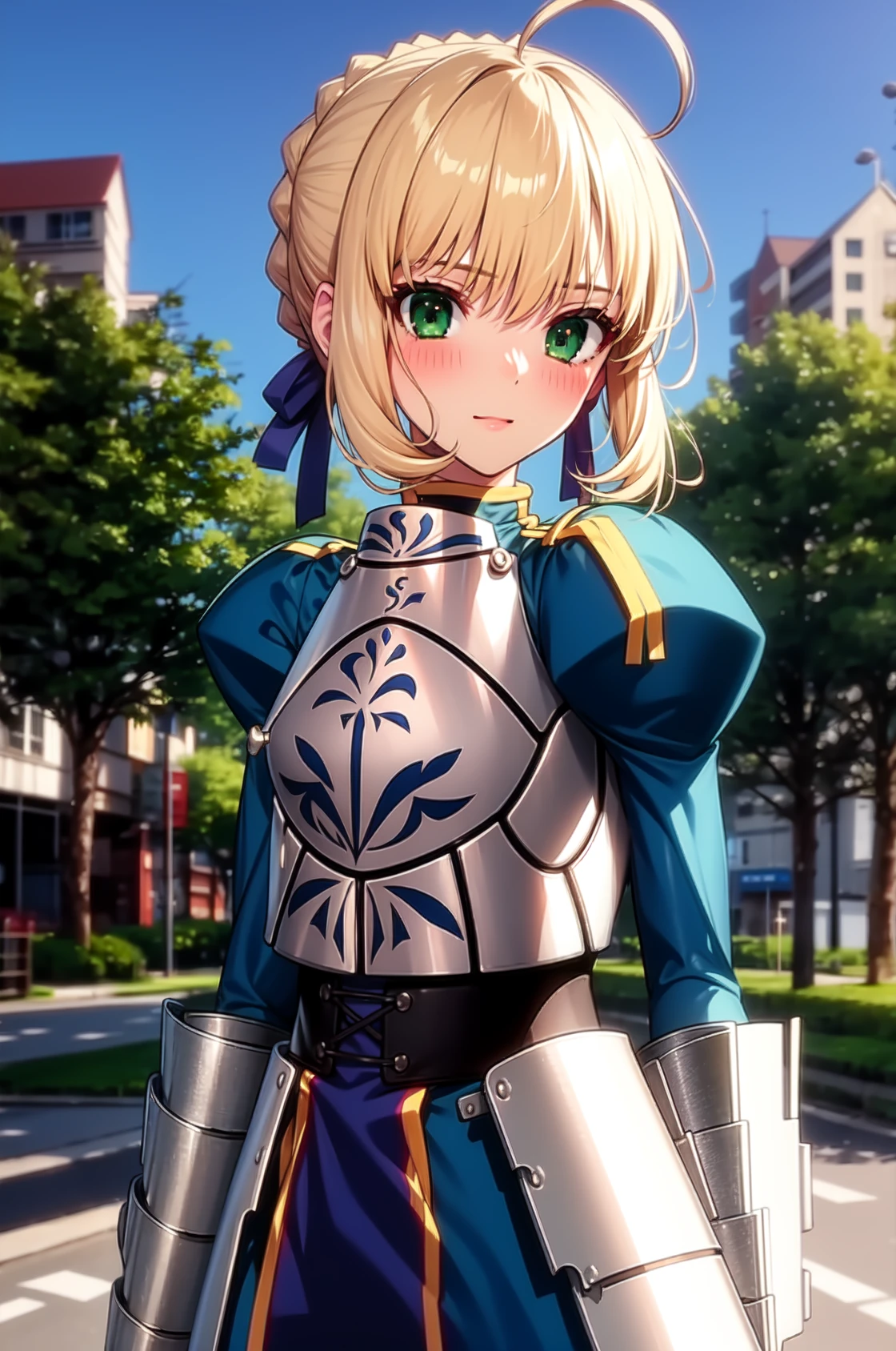 solo, masterpiece, best quality, outdoors, street, looking at viewer, blush, standing, saber, green eyes, blonde hair, sidelocks, ahoge, single hair bun, french braid, blue hair ribbon, blue dress, armored dress, juliet sleeves, breastplate, gauntlets, long dress, upper body