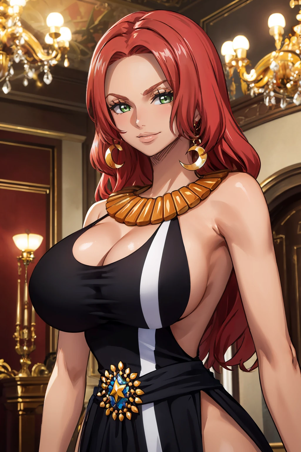 masterpiece, best quality, 1girl,  <lora:baccarat-nvwls-v1-000010:0.9> opBacara, green eyes, eyelashes, necklace, black dress, cleavage cutout, long dress, black gloves, large breasts, upper body, looking at viewer, smirk, furrowed brow, mansion, chandelier