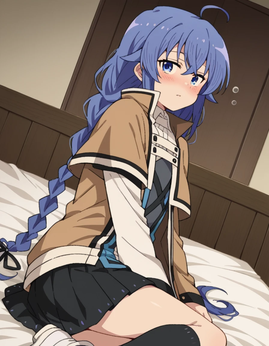 music_Migueldia(Mushoku Tensei)、1 girl, masterpiece、Top quality、blue eyes、dark blue hair、Double braids,,{calm}、{on underwear}、{like}、Brown coat、Plaid skirt、Sartori-Italy、{calm},looking at the audience、{Low Angle}, {Lower Body}、National Foundation, {{Sexy}}、Open your legs, Red and blue、 (Thong:1.1),barefoot, on the bed, Open your legs,blush,