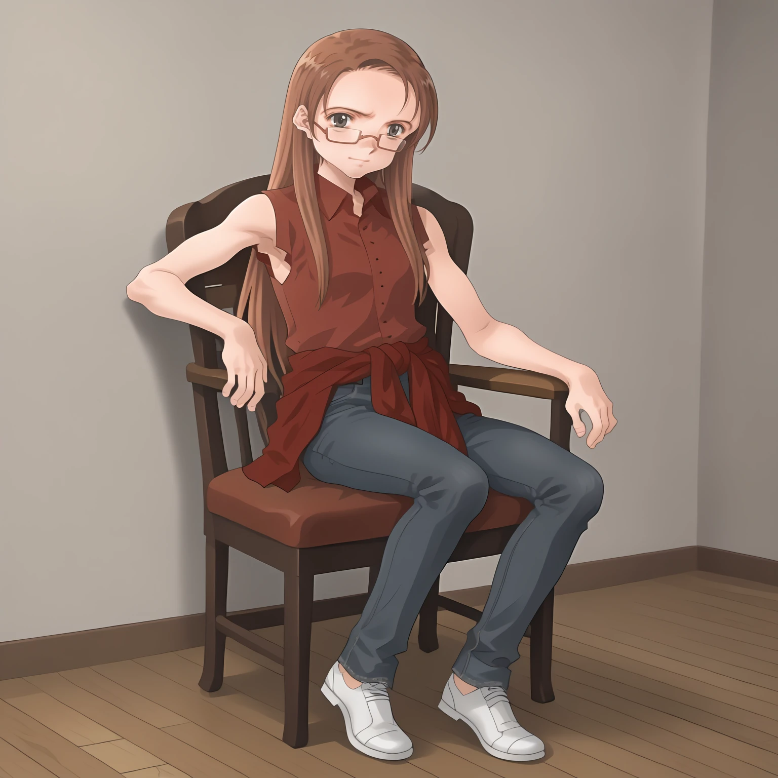 <lora:KyoukoAsahinaXLpony001>,
solo,
KyoukoAsahina,1girl,brown hair,long hair,black eyes,eyewear,
red shirt,sleeveless,
clothes around waist,
jeans,
full body,sitting,chair,