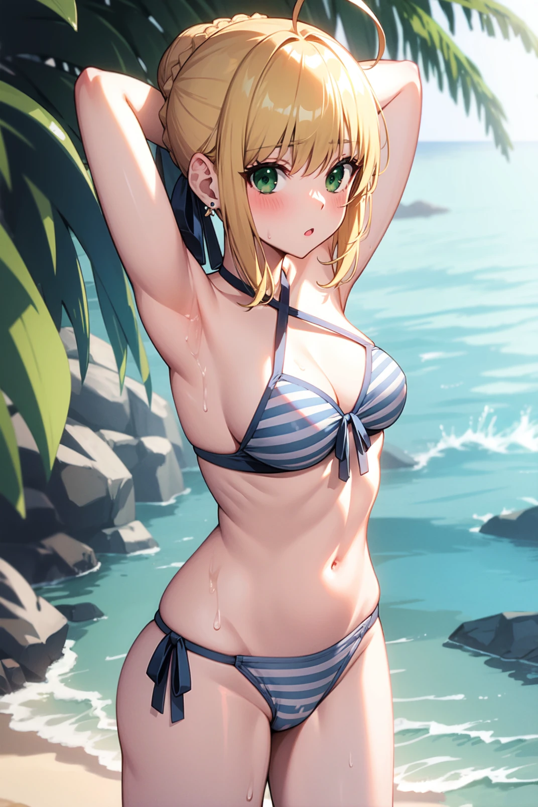 solo, masterpiece, best quality, outdoors, beach, looking at viewer, :o, closed mouth, blush, standing, blue bikini, striped bikini, criss-cross halter, side-tie bikini bottom, cleavage, earrings, bracelet, water, bare shoulders, arms behind head, wet, saber, green eyes, blonde hair, sidelocks, ahoge, single hair bun, french braid, blue hair ribbon