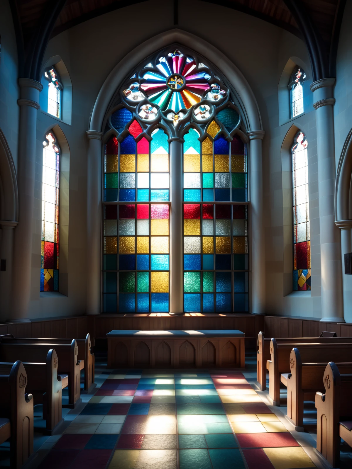 colorful mad-checker stain glass window in a church,  cinematic shot <lora:Colorful_Checker_SDXL_v2:0.8>, masterpiece, best quality, ultra high res, (photorealistic, realistic:1.2), deep shadow, raw photo, film grain, Fujifilm XT3, 8k uhd, dslr