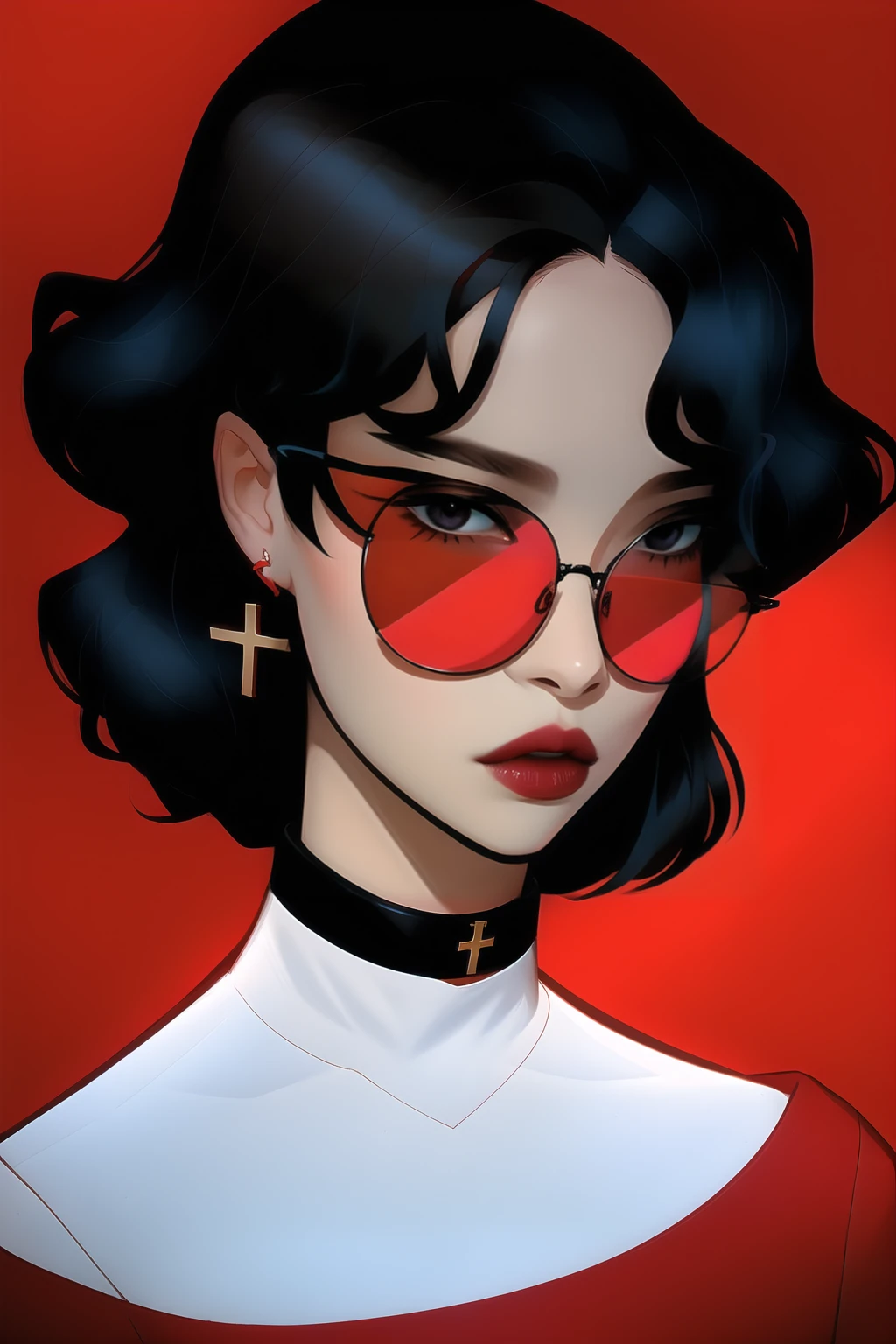 (masterpiece), best quality, expressive eyes, perfect face, a woman with a cross on her neck and red eyeglasses, 1girl, solo, black hair, curly hair, looking at viewer, choker, red lips, glasses, upper body, bangs, cross, bare shoulders, red-framed eyewear, shirt, cleavage, hfashion outfit <lora:hfashionv3:1>