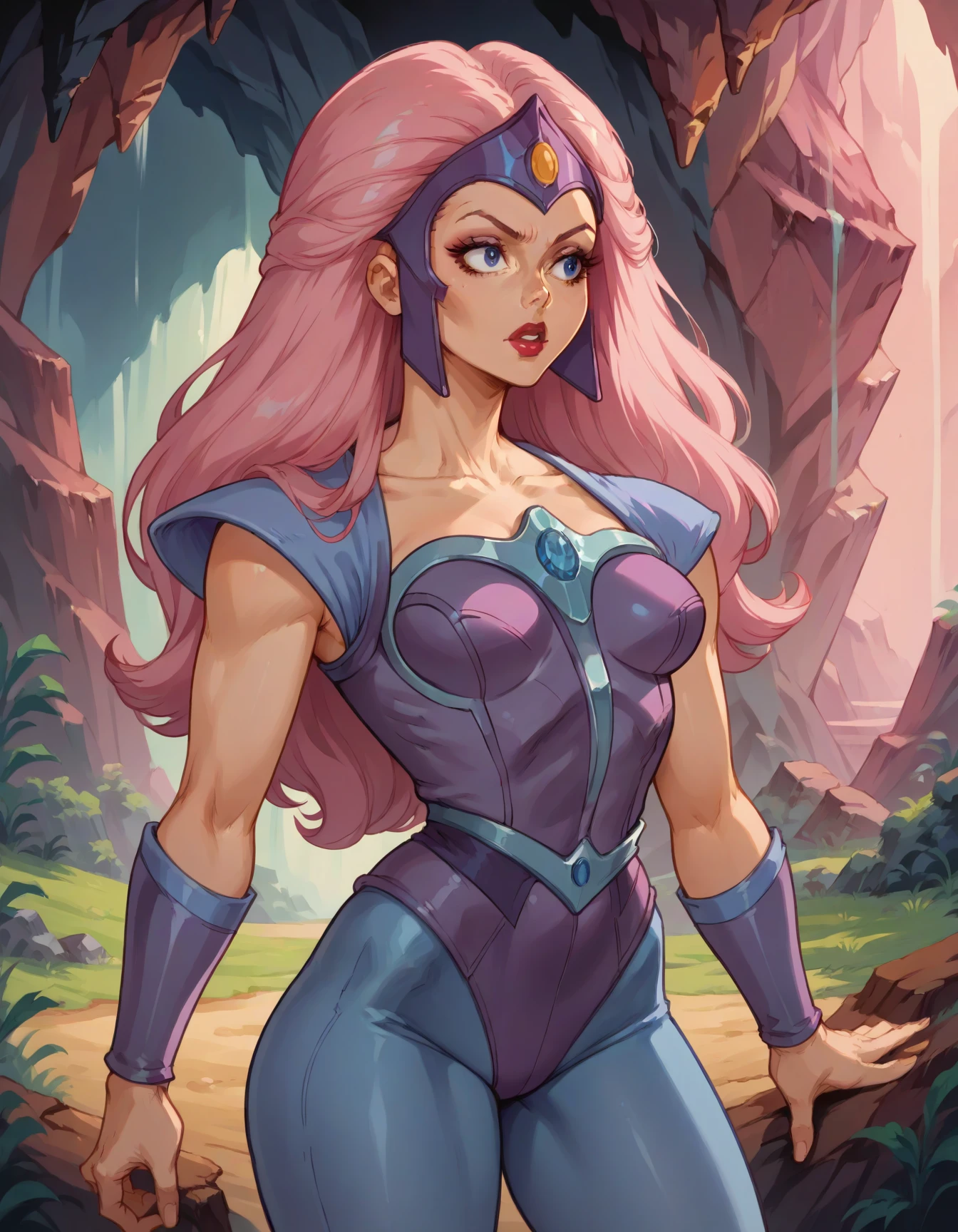 score_9, score_8_up, score_7_up, score_6_up, score_5_up, score_4_up, hud_glimmer_shera, hud_glimmer_shera, 1girl, solo, long pink hair, purple helmet, blue eyes, yellow forehead jewel, grey and purple leotard, bodysuit, makeup, lipstick, blue pantyhose, chest jewel, bracer, breasts, 1980s (style), retro artstyle, standing, <lora:glimmer-000008:0.7>, cave