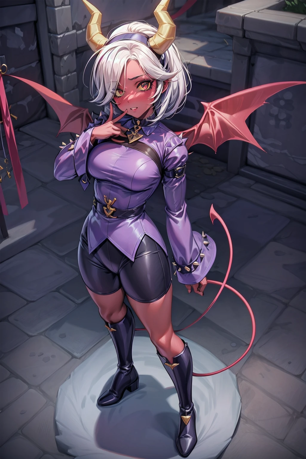 (masterpiece, best quality), trixie colette, 1girl, solo, demon girl, colored skin, red skin, red eyes, colored sclera, yellow sclera, short hair, ponytail, white hair, (hair over one eye), demon tail, demon horns, demon wings, medium breasts, hairband, choker, shirt, spikes, long sleeves, sleeves past fingers, sleeves past wrists, shorts, boots, knee boots, <lora:Trixie_Colette__Brawl_Stars_V1.0:0.7>, <lora:add_detail:0.5>, city, architecture, building, <lora:mondstadt_background-v11:0.7>