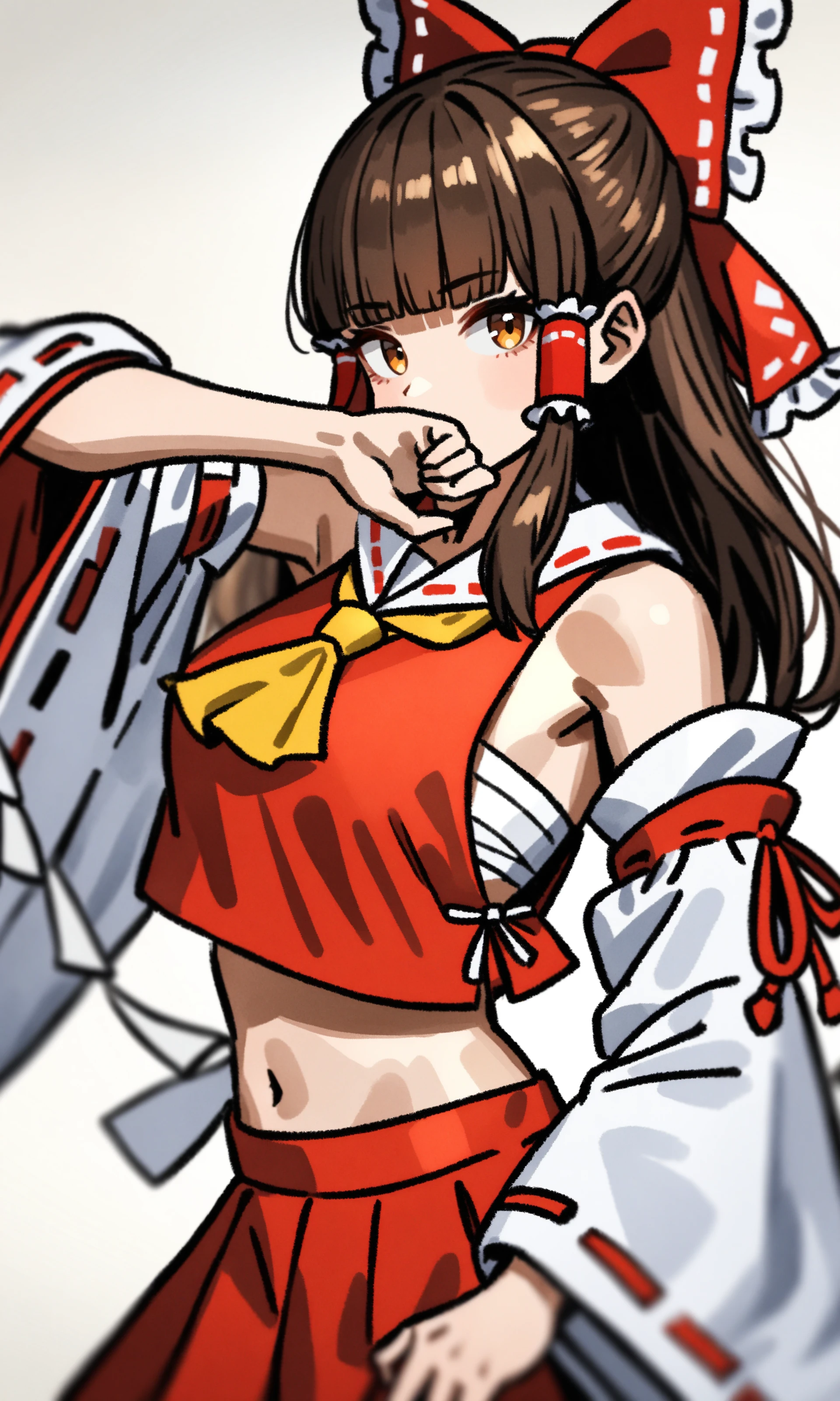 HDR,UHD,8K,best quality,highres,absurdres,masterpiece,Highly detailed,
1girl,hakurei reimu,solo,pseudo impasto,white background,grey background,cowboy shot,looking at viewer,covering mouth,brown eyes,long hair,brown hair,hair bow,hair tubes,sidelocks,blunt bangs,navel,red skirt,red shirt,skirt set,detached sleeves,wide sleeves,ribbon-trimmed sleeves,long sleeves,bare shoulders,between fingers,red bow,yellow ascot,ofuda,gohei,midriff,frilled bow,arm up,sarashi,nontraditional miko,light particles,depth of field,blurry foreground,