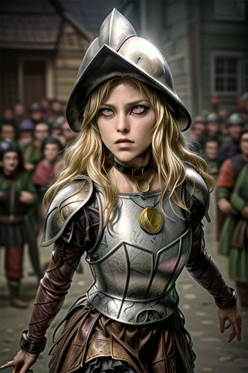 (hyperrealistic photograph:1), transforming into a blond werewolf, warm volumetric lighting, vibrant color, fantasy, dynamic dramatic pose, running, dashing,1girl, fierce beautiful guard in a brass breastplate and skirt, lupine features, lupine blond hair, wide brimmed conquistador helmet, gaunt face, pale-skin, spooky golden wolf eyes, feminie figure, cleavage, detailed background, fFaceDetail, ((wearing leather collar, small round brass id tag hanging from choker)),