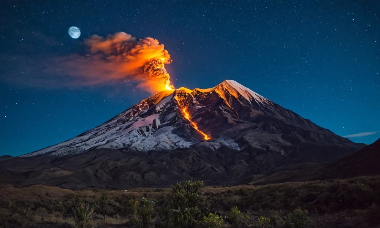 ep1cl@nd$c@pe, volcano, explosion, mountain range, night time, starry sky, moon
