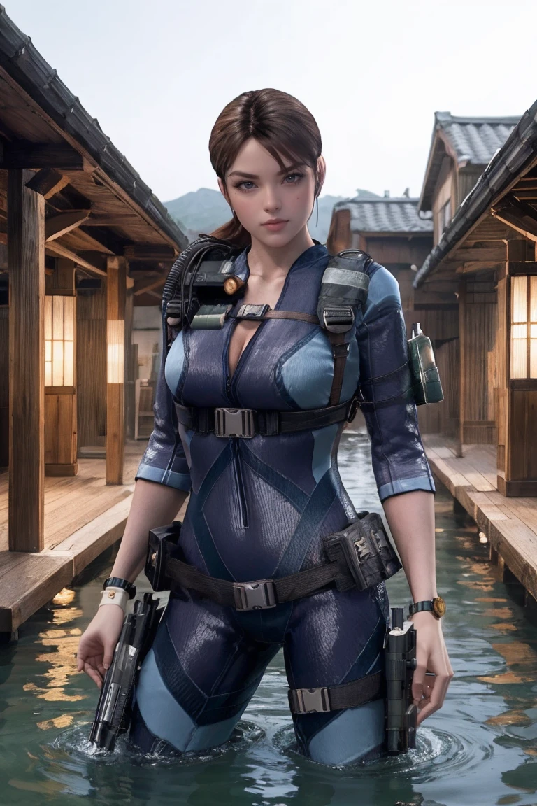 masterpiece, best quality, high quality, highres, wading,looking at viewer,solo,water, sunset, onsen, wisteria,moody lighting, BREAK, 
GAME_ResidentEvilRevelation_JillValentine_ownwaifu, www.ownwaifu.com, 
1girl, breasts, brown hair, short hair, medium breasts, jill valentine, lips, ponytail, long hair, blue eyes, large breasts, collarbone, makeup, 
bodysuit, cleavage, watch, holster, wristwatch, belt, uniform, military, bracelet, thigh holster, pouch, skin tight, bulletproof vest, 
<lora:GAME_ResidentEvilRevelation_JillValentine_ownwaifu-15:1>