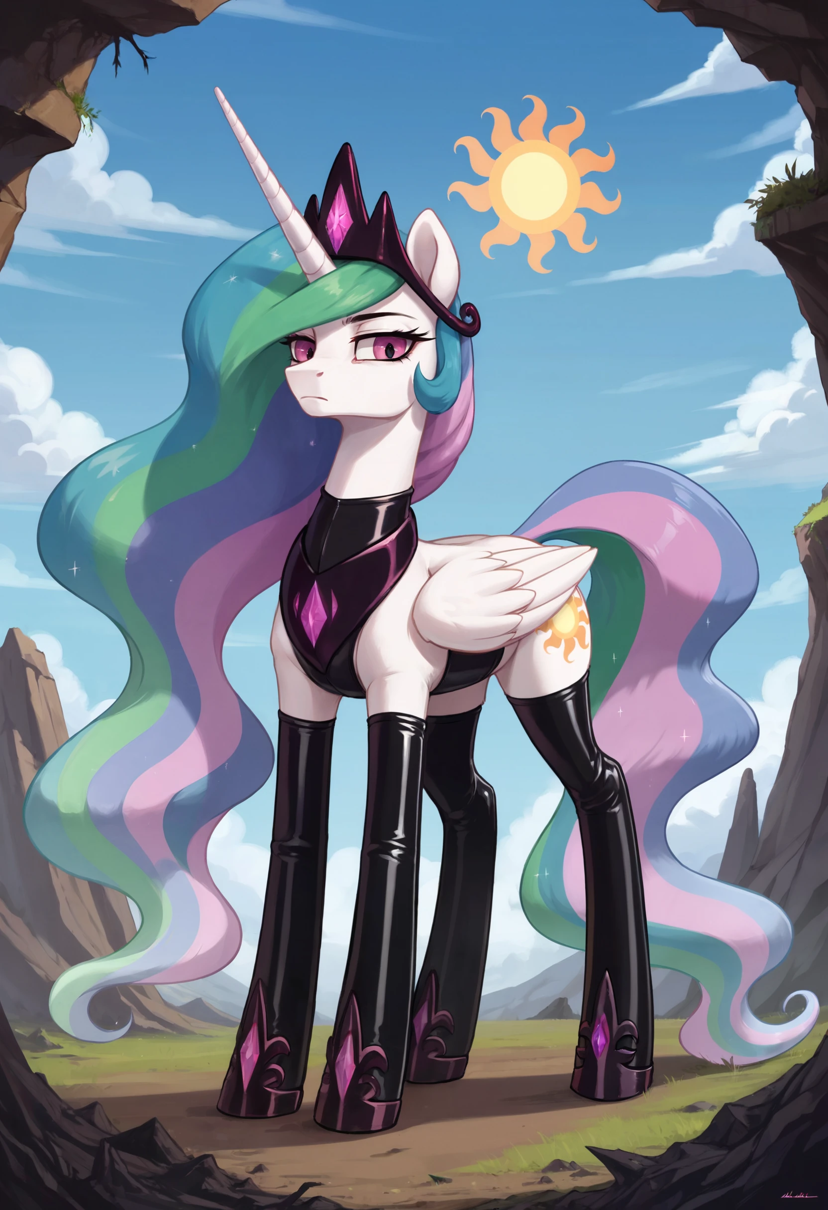 zPDXL, source_anime, 1girl, solo, BREAK
pony, princess celestia, corrupted, evil, expressionless,
black latex princess, thighhighs, elbow gloves,
outdoors, blue sky,