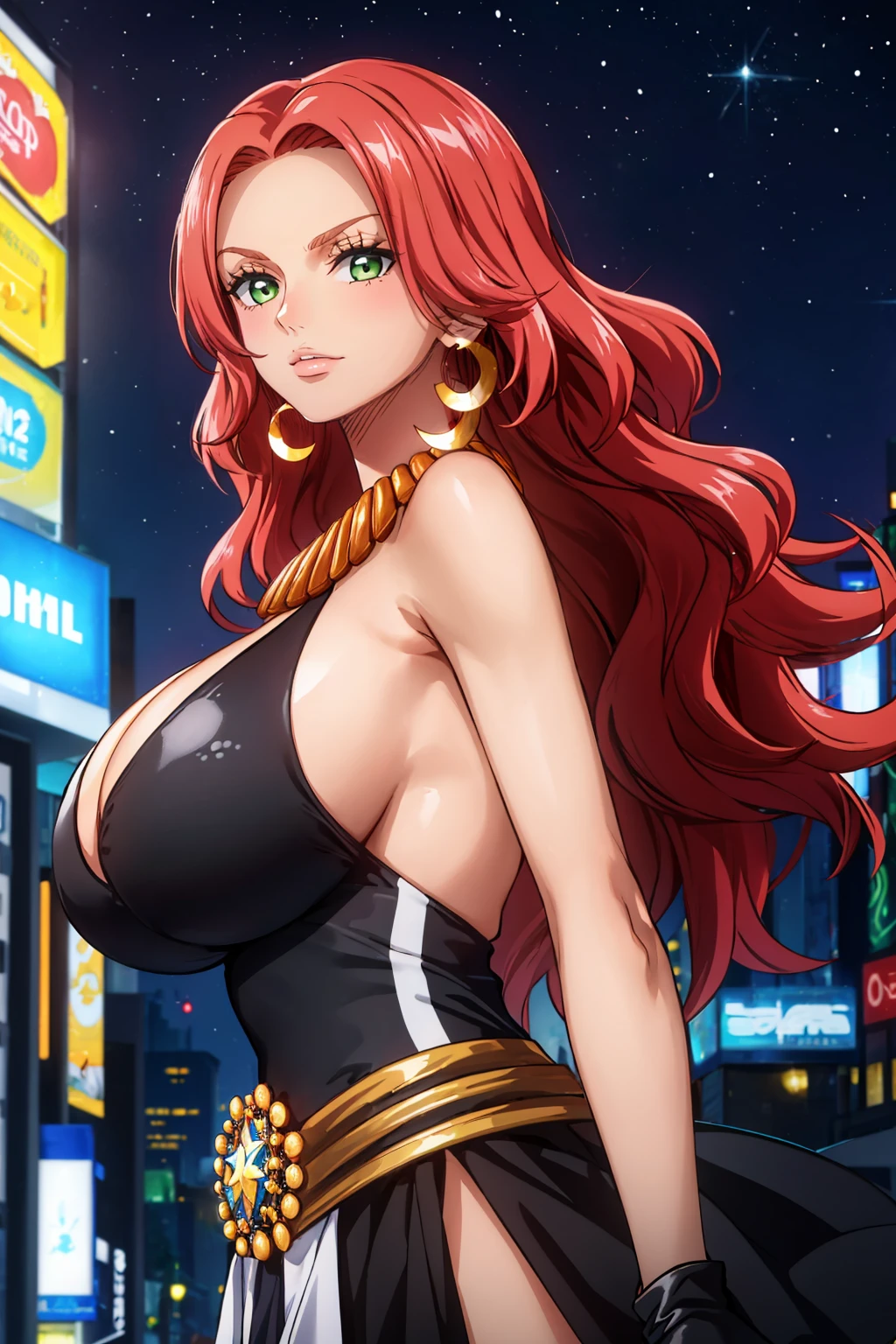 masterpiece, best quality, 1girl,  <lora:baccarat-nvwls-v1-000010:0.9> opBacara, green eyes, wavy hair, eyelashes, earrings, necklace, black dress, cleavage cutout, long dress, black gloves, (huge breasts:0.8), from side, looking at viewer, night sky, city, neon signs