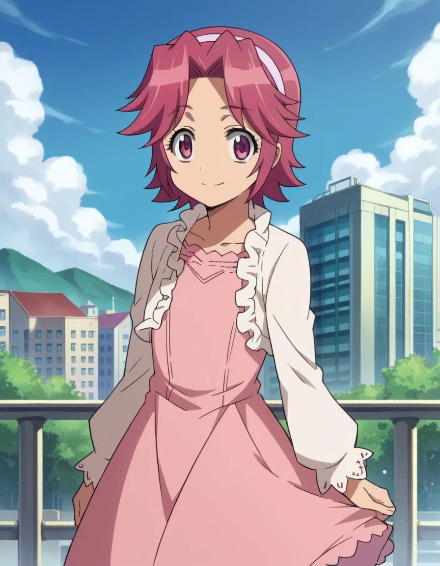 score_9, score_8_up, score_7_up, source_anime,
alicemaresato, <lora:alice-maresato-s1-ponyxl-lora-nochekaiser:1>,
alice maresato, short hair, pink hair, red hair, hairband, pink eyes, parted bangs, solo,
dress, frills, long sleeves, pink dress,
outdoors, cityscape, smile,
looking at viewer, dutch angle, cowboy shot,