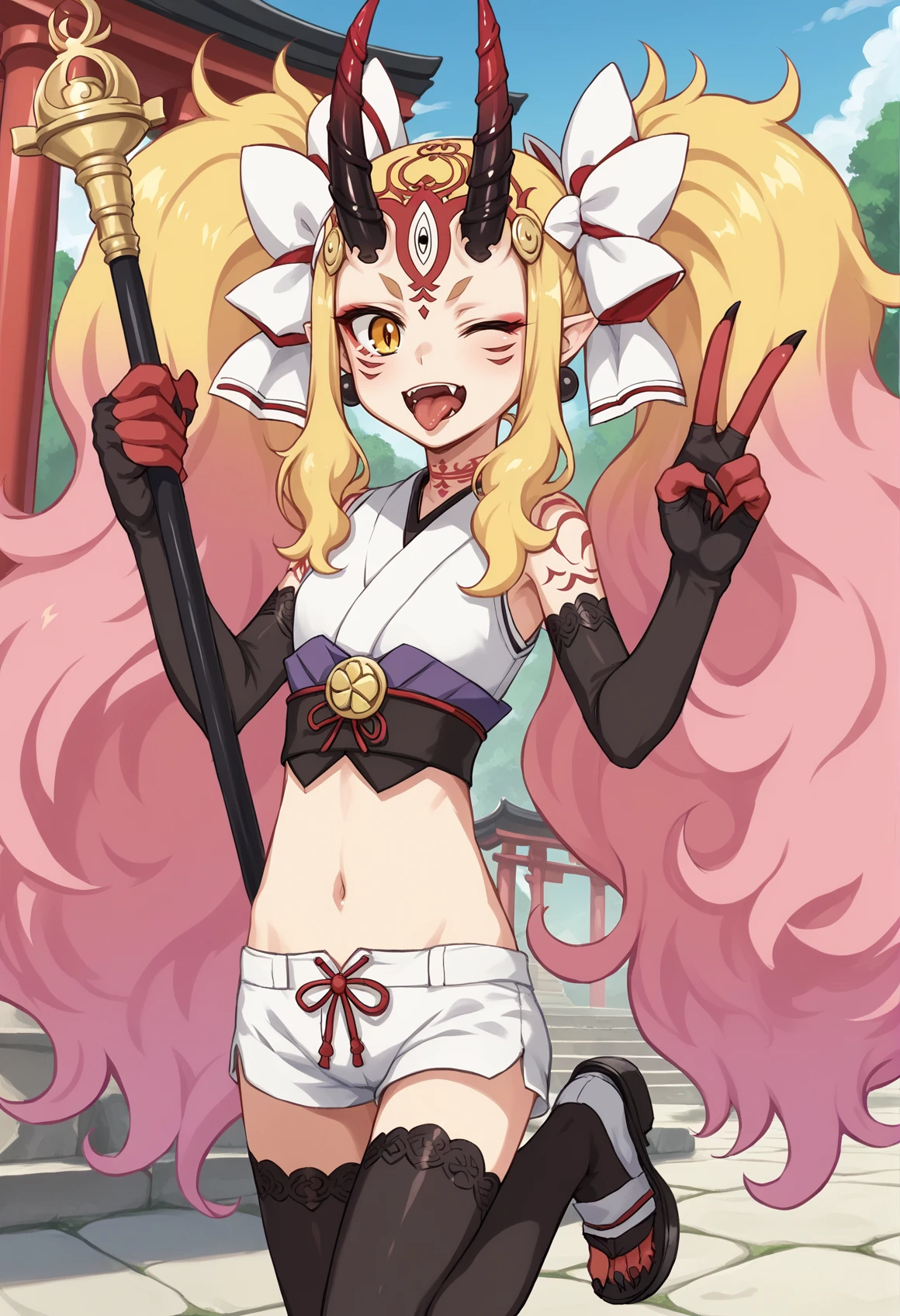 1girl, very long hair, blonde hair, gradient hair, multicolored hair, pink hair, sidelocks, twintails, hair ribbon, yellow eyes, pointy ears, facial mark, tattoo, forehead mark, oni, horns, sharp fingernails, japanese costume, sleeveless, adapted costume, shorts, waist cape, navel, thighhighs, elbow gloves, toeless legwear, standing, outdoors, japanese shrine, torii, holding stick, stick, ((v)), tongue out, :p, wink, anime anime screencap,  precure, standing, on one leg <lora:Ibaraki_Douji_XL:1>, score_9, score_8_up, score_7_up, score_6_up, score_5_up, score_4_up, BREAK source_anime, masterpiece