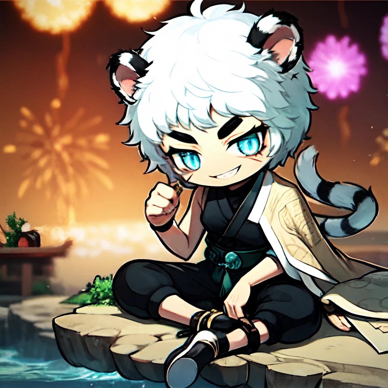 Hu,fireworks,animal ears,tail,solo,1boy,smile,white hair,scar on face,male focus,sparkler,short hair,chibi,year of the tiger,looking at viewer,scar,blue eyes,whisker markings,tiger ears,tiger tail,tiger boy,japanese clothes,slit pupils,
masterpiece,high quality,<lora:Hu-0000012:1>,