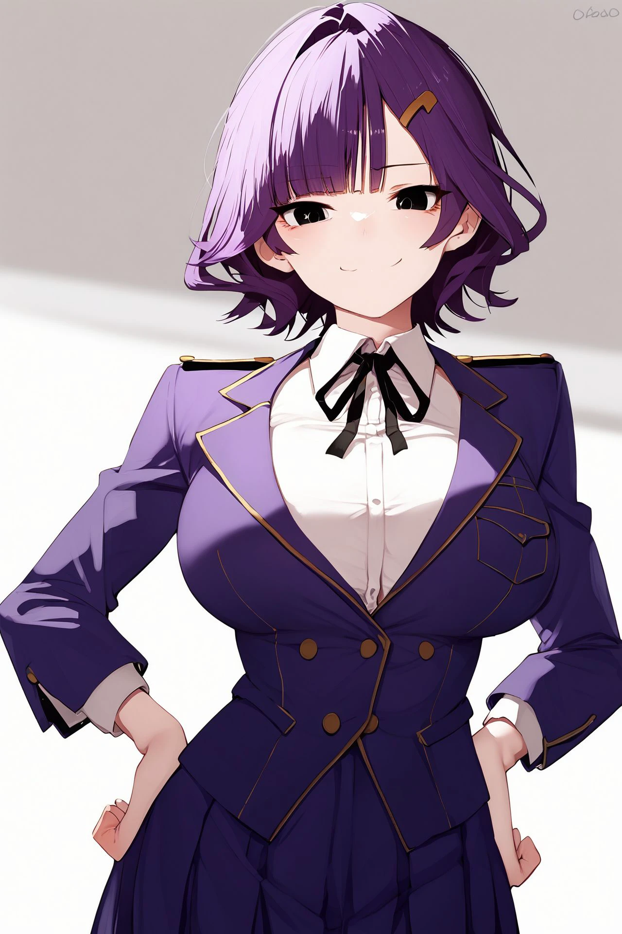 score_9, score_8_up, score_7_up, 1girl, smug, looking at viewer, purple hair, hair_over_one_eye, black eyes, large breasts, hands_on_hip, neck ribbon <lora:gweda_PonyXL_style_v01.10.08.025:1>