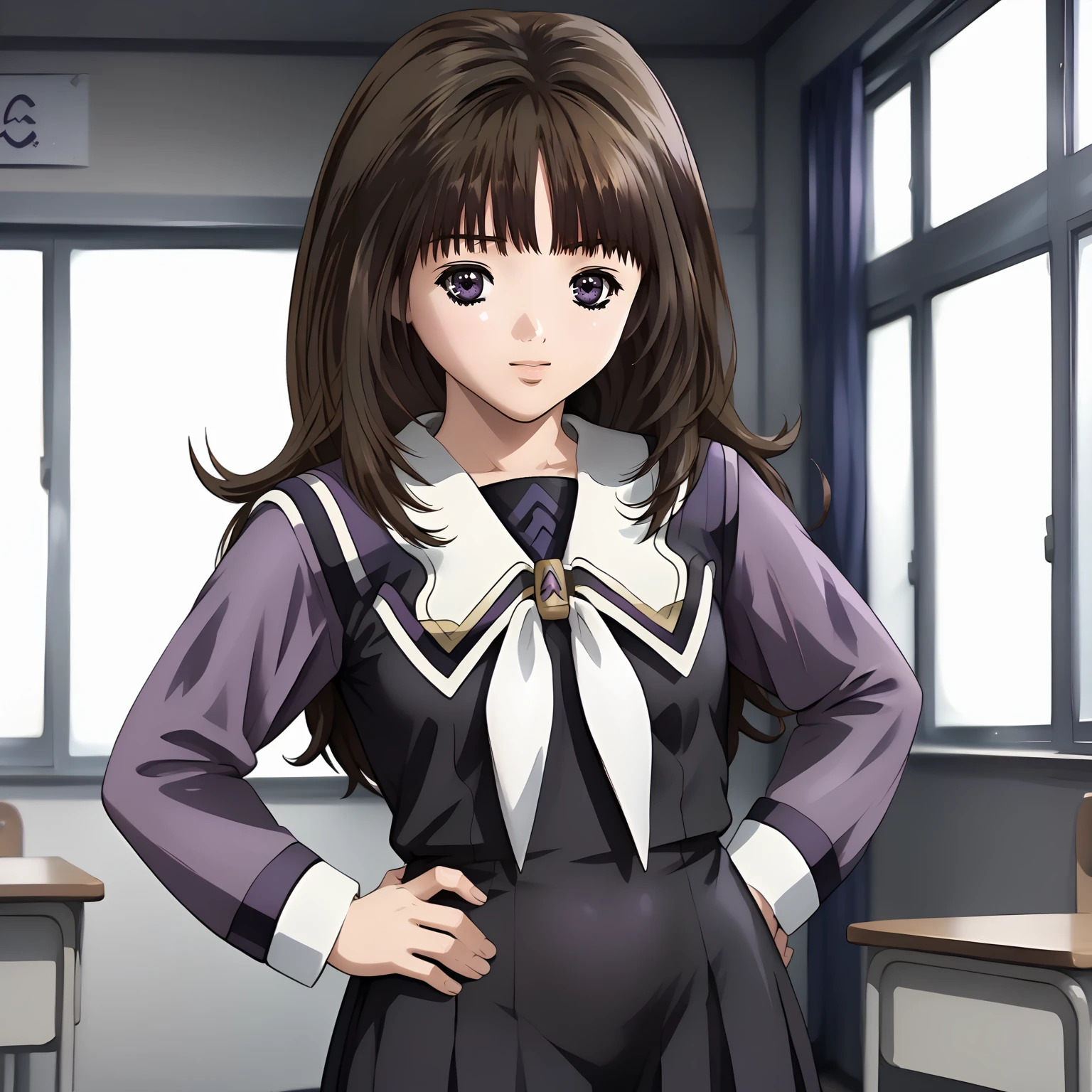 <lora:IoriYoshizukiXLpony001>,
solo,
IoriYoshizuki,1girl,brown hair,long hair,purple eyes,
school_uniform,black dress,long sleeves,