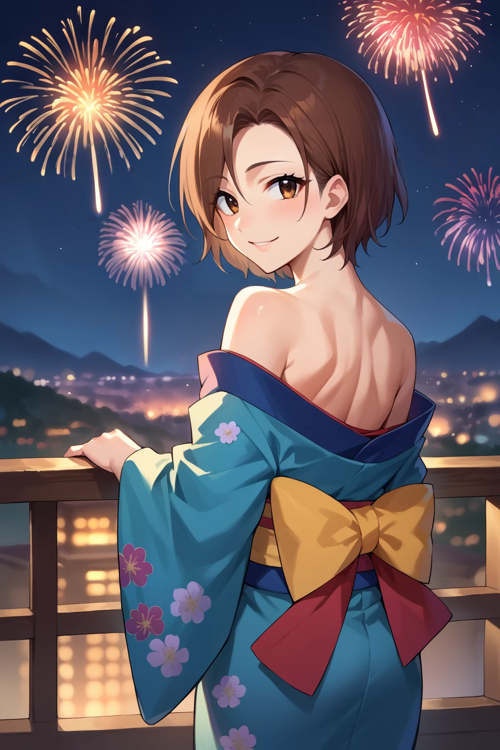 score_9, score_8_up, score_7_up, source_anime, from behind, cowboy shot, looking at viewer, smile, seira mizuki, short hair, kimono, flower print, off shoulder, outdoors, night, fireworks, skyline, <lora:Hoseki_Idolmaster_SeiraMizuki_PDXL_v1:1>