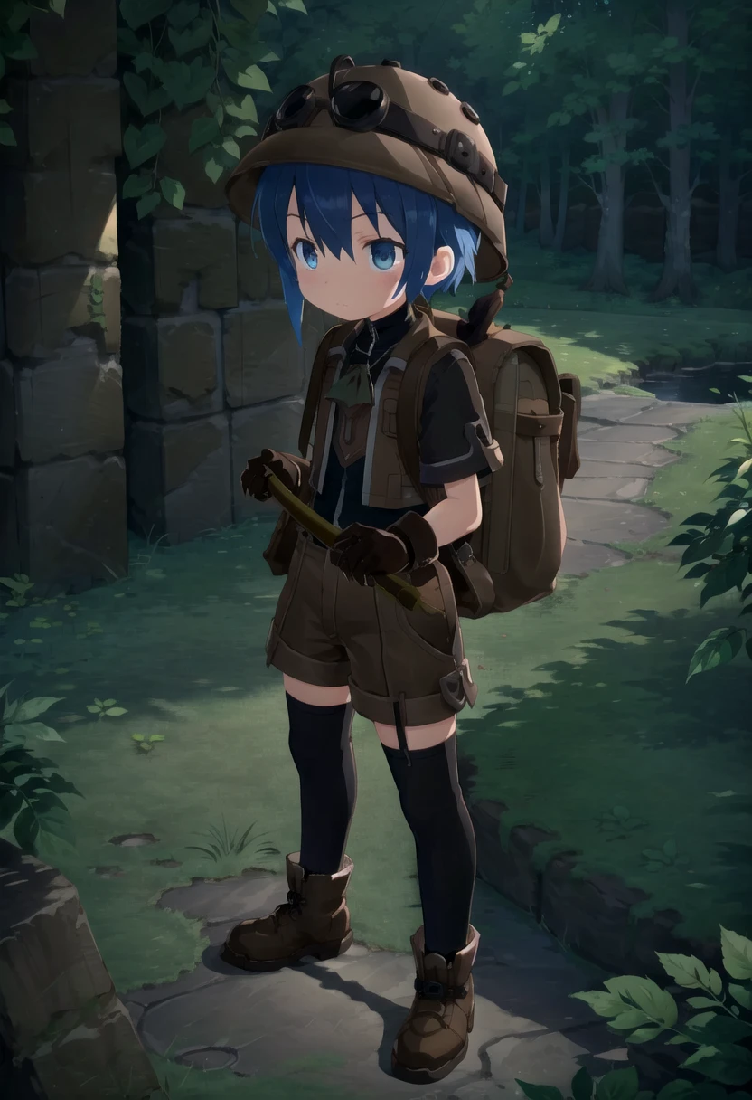 <lora:made_in_abyss_-_binary_star_-_aki-sd-v10:0.6>
masterpiece, ultra detail, forest, detailed background, looking at camera, mia_aki, solo, blue eyes, shirt, gloves, 1boy, hat, holding, closed mouth, blue hair, standing, full body, male focus, boots, outdoors, shorts, black gloves, bag, black shirt, brown footwear, backpack, helmet, male child, brown shorts, whistle, pickaxe , draw it in the style of made in abyss,The soft lighting and detailed surroundings create an immersive environment where imagination runs wild hyper-detailed,hyper-detailed face, high quality visuals, dim Lighting, sharply focused, octane render, 8k UHD, petite