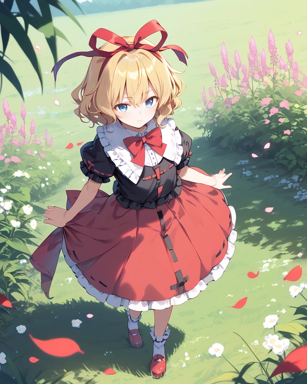 score_9, score_8_up, score_7_up, BREAK
source_anime, best quality, masterpiece, BREAK
1girl,solo, skinny, BREAK
<lora:mediN_nrm_pony:1> mediN,medicine melancholy, blonde hair, blue eyes, hair ribbon, short hair, bangs,wavy hair,
puffy short sleeves,puffy sleeves,short sleeves,frills,frilled shirt collar,frilled sleeves,frilled shirt,black shirt, bubble skirt, red skirt,
bow,red bow,red ribbon,ribbon,
nature, petals, grass, outdoors,
standing,