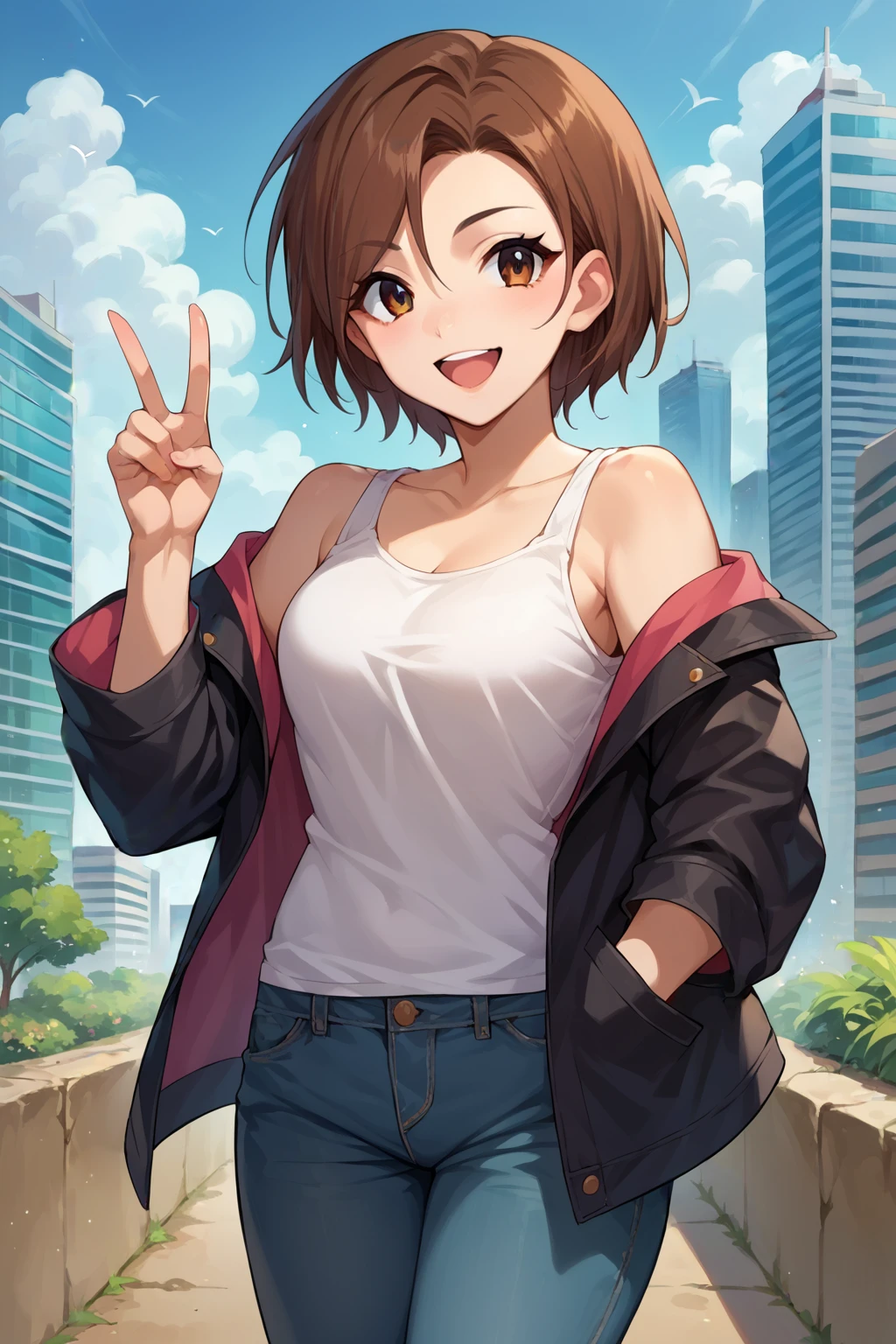 score_9, score_8_up, score_7_up, source_anime, cowboy shot, looking at viewer, smile, open mouth, seira mizuki, short hair, white tank top, black jacket, off shoulder, jeans, hand in pocket, peace sign, outdoors, cityscape, <lora:Hoseki_Idolmaster_SeiraMizuki_PDXL_v1:1>