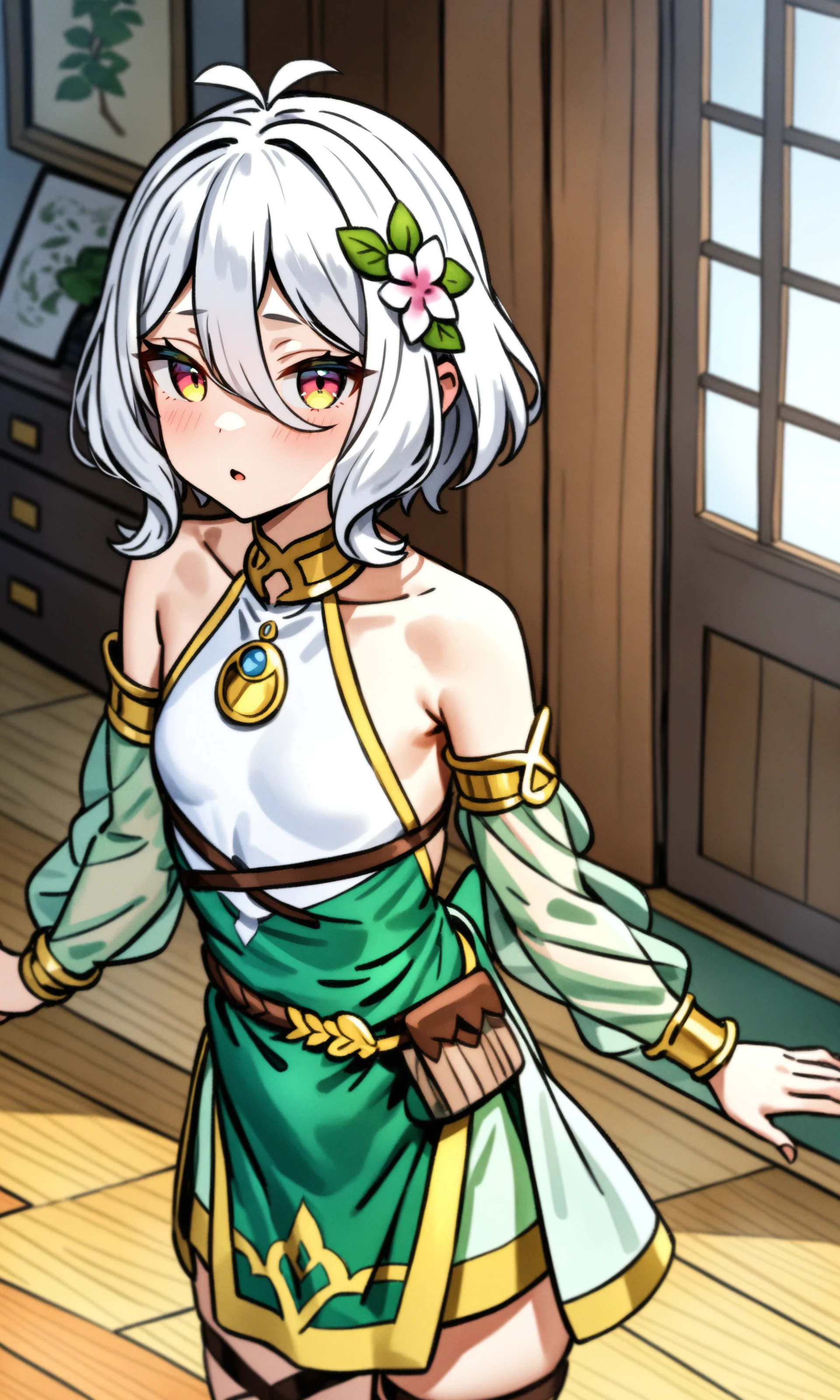 HDR,UHD,8K,best quality,highres,absurdres,masterpiece,Highly detailed,
kokkoro,short hair,white hair,hair ornament,hair between eyes,bare shoulders,small breasts,detached sleeves,sleeveless,puffy sleeves,white dress,sleeveless dress,antenna hair,green dress,see-through sleeves,green sleeves,