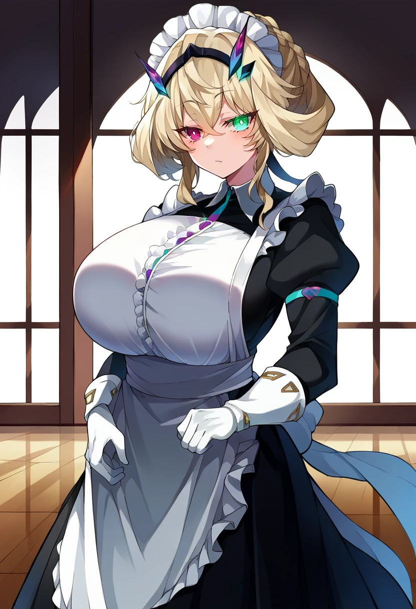 score_9, score_8_up, score_7_up, source_anime BREAK 1girl, solo, looking at viewer, cowboy shot,  <lora:Barghest_Sdxl:0.9>, Barghest_Maid, platinum blonde hair, twin braids, short hair, sidelocks, hair up, hair bun, heterochromia, glowing eyes, maid headdress, frilled dress, pleated dress, juliet sleeves, maid apron, collar, black skirt, long skirt, white gloves, huge breasts, curvy, indoors, vila, marble floor, glass table, day, window, <lora:suruga-Style-PonyXL-DoRA-v1.1-000015:1>