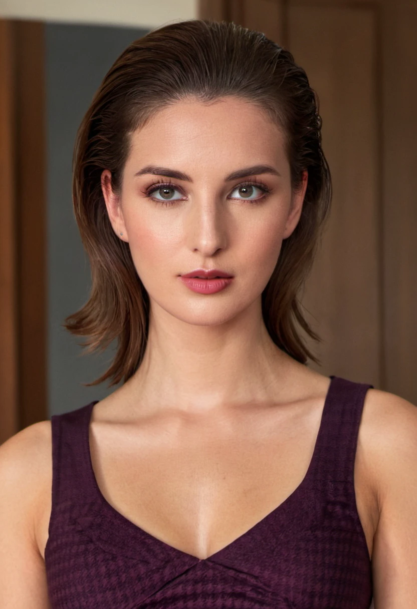 cinematic film still of extremely beautiful woman, Close-Up Portrait, looking at camera, attractive, slicked-back hair, Houndstooth Preppy style clothing, Plum and charcoal grey Skirt and Crop top, Mahogany hair, Hippie Style Interior, Beauty photography, model face, 22 years old,