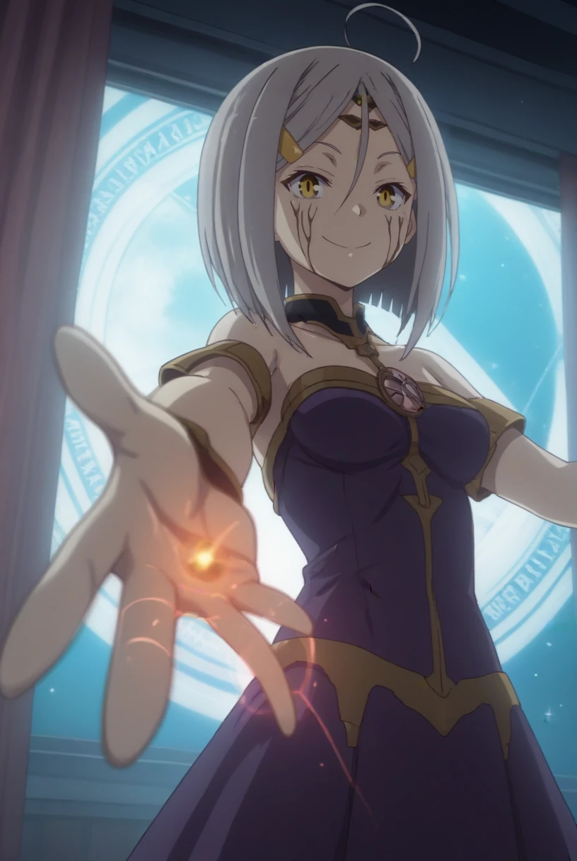 score_9, score_8_up, source_anime  BREAK solo, cowboy shot, looking at viewer, 
<lora:HijiriPdxlDwnsty-000008:1>, hijiri demon, yellow eyes, grey hair, long hair, bob cut,  hair ornament, ahoge, facial mark, forehead mark, purple dress, magic circle, outstretched arms, 
medium breasts, evil smile, 
outdoors, starry sky, night, window, curtains,