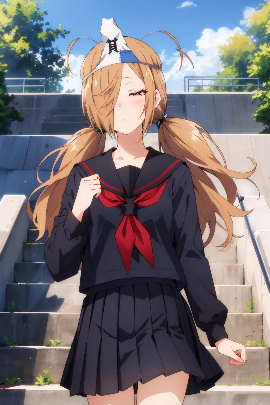 masterpiece, best quality, 1girl,  <lora:momijibinboda-nvwls-v1-000009:0.9> momijibinboda, hair over one eye, twintails, triangular headpiece, black serafuku, black shirt, long sleeves, black skirt, tired, bored, closed eyes, sigh, blue sky, stairs