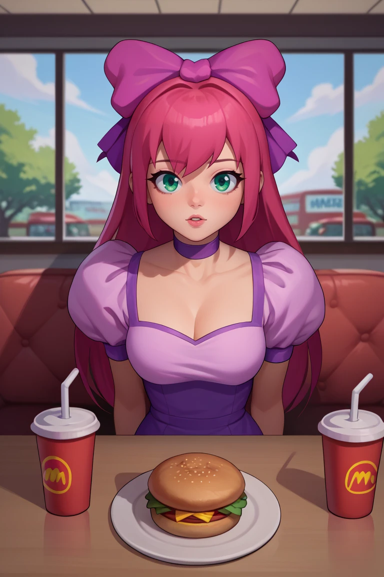 score_9, score_8_up, score_7_up, BREAK,1girl, solo, <lora:princessrobotbubblegum-guy-PONYv1:.95>. DEFprincessrobotbubblegum, hair bow, choker, dress, looking at viewer, pov across table, mcdonald's, restaurant, indoors,