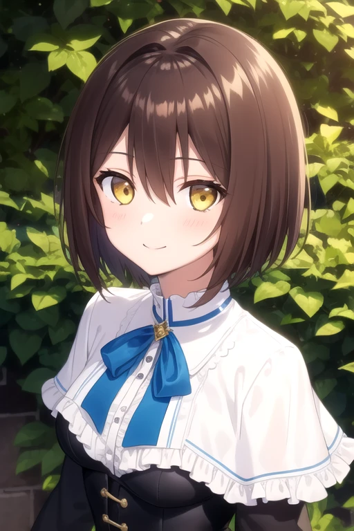 ((masterpiece)),(best quality),official art,extremely delicate and beautiful,extremely detailed CG,unity 8k wallpaper,ultra detailed,beautiful detailed eyes,extremely detailed face,outdoors,1girl,solo,upper body,(portrait:1.5),looking at viewer,facing viewer,smile,(petite:1.3),Miyabi Hotaka,short hair,brown hair,red hair,hair intakes,hair between eyes,bangs,yellow eyes,capelet,neck ribbon,blue ribbon,black corset,white shirt,long sleeves,buttons,large breasts,blue skirt,pleated skirt,frills,kneehighs,black socks,mary janes,black footwear,<lora:Miyabi Hotaka(ad)>,