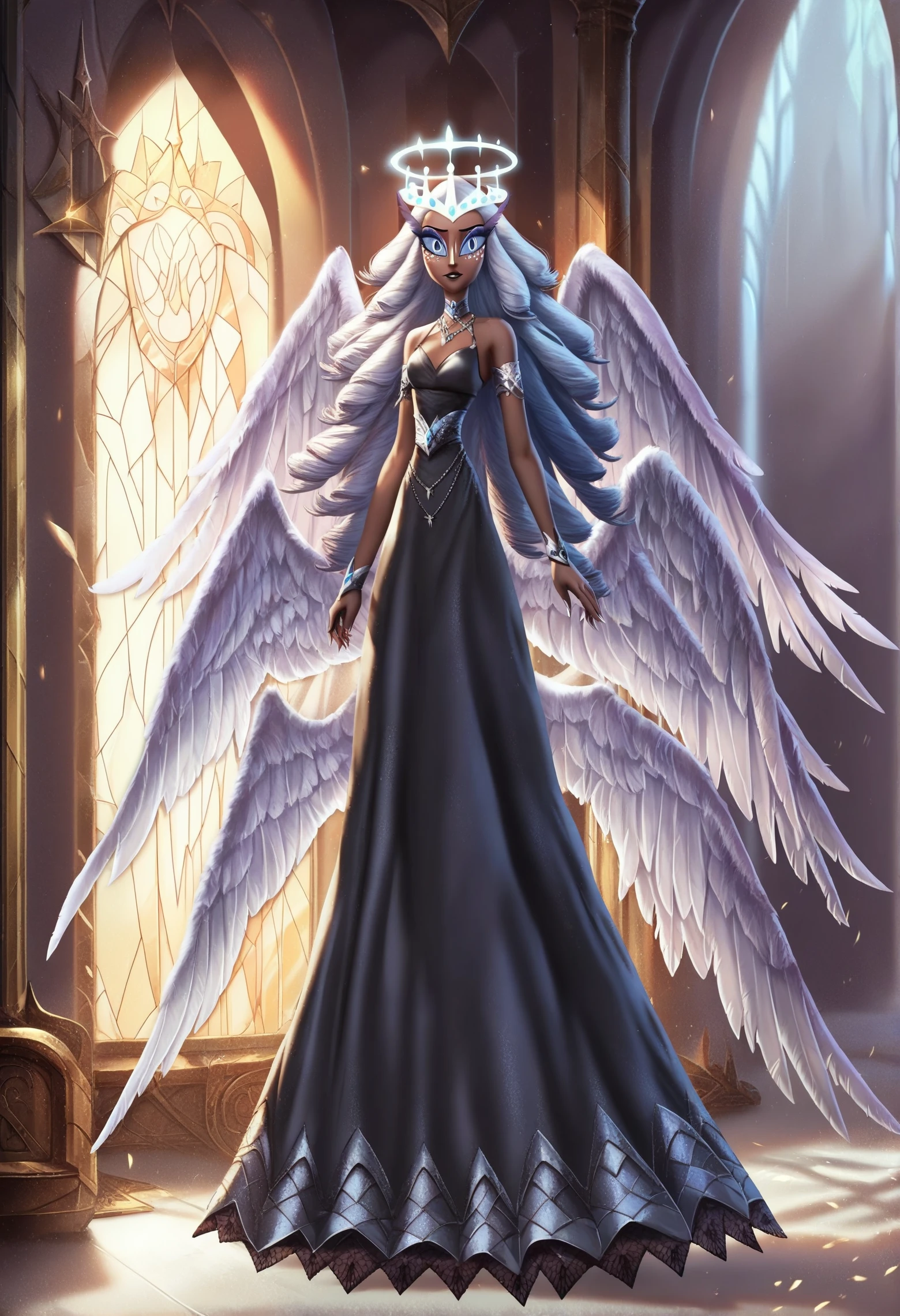 1girl, <lora:sera_hazbin_hotel_ponyxl_v1:0.9>, sera, solo, standing, angel wings, full body, black dress,
BREAK
score_9, score_8_up, score_7_up, score_6_up, (high quality, detailed, beautiful), shiny, detailed beautiful eyes, outstanding, countershading, detailed soft lighting