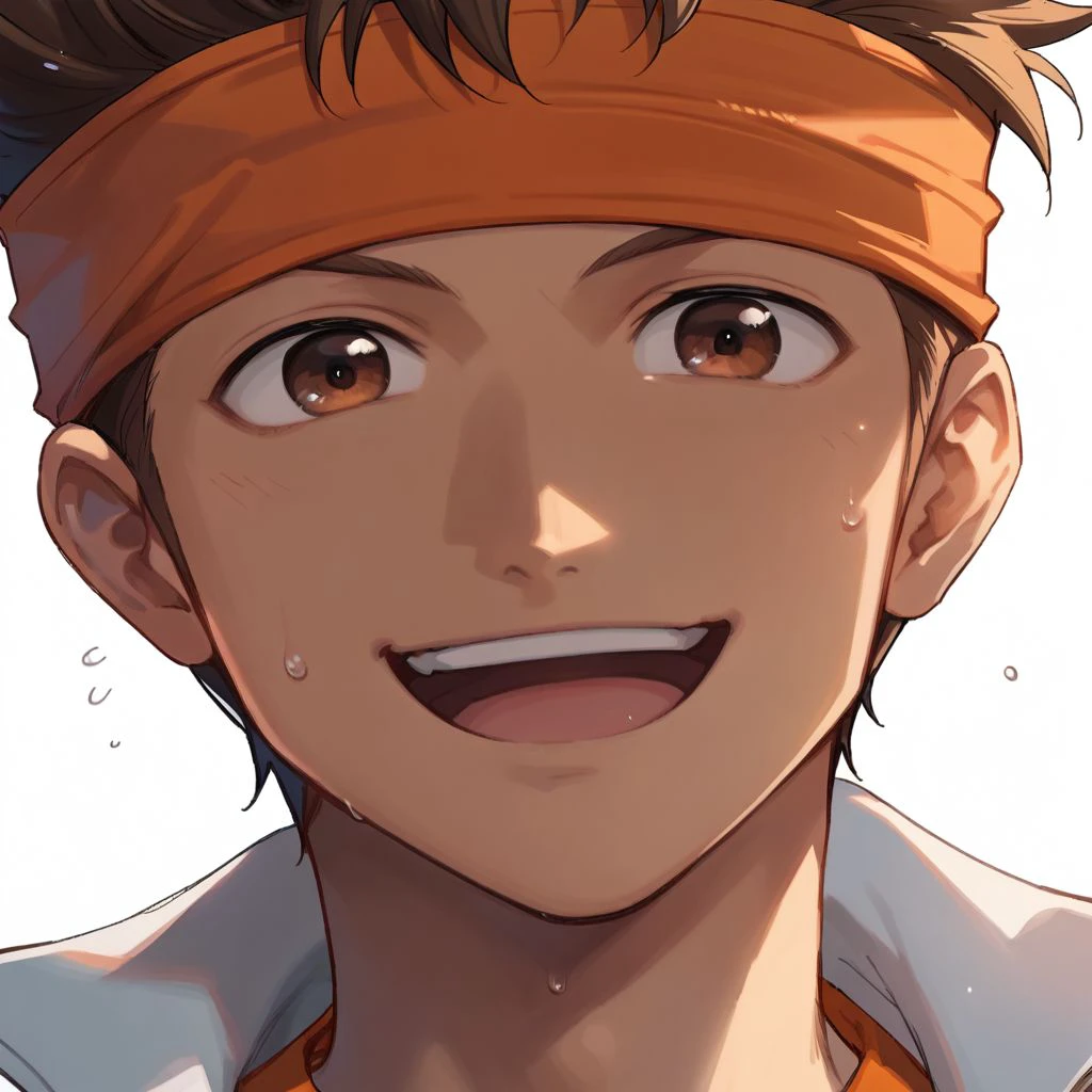 score_9, score_8_up, score_7_up, mark evans, 1boy, solo, brown hair, brown eyes, orange headband, white jacket, orange shirt, close up portrait, happy, sweat, looking at viewer, white background, nori