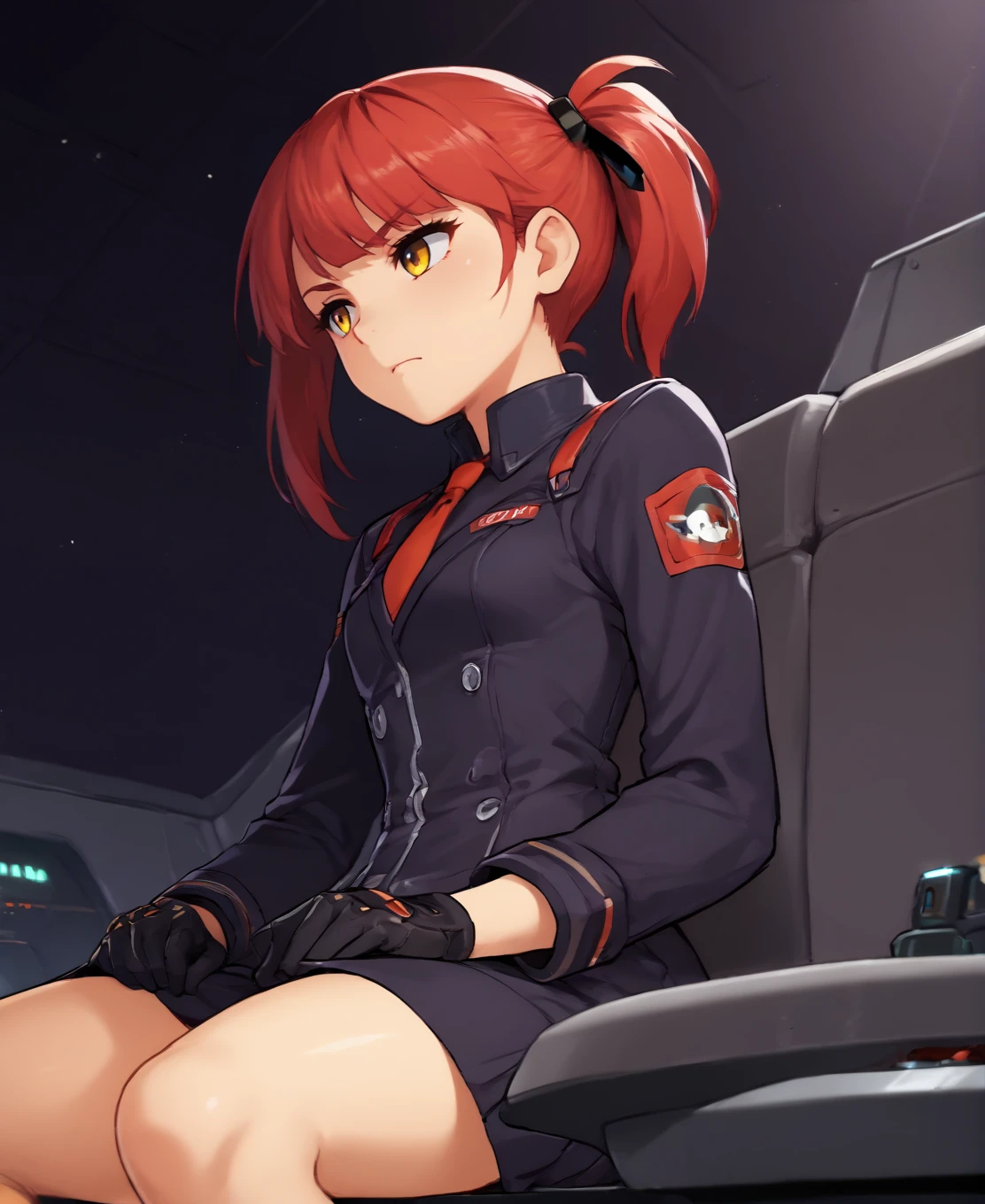 score_9, score_8_up, score_7_up, score_6_up, source anime, 1girl, solo, cockpit, spaceship, space, science fiction, dark background, piloting, cyberpunk, serious, (spacesuit:0.4), (military uniform:0.5), long sleeves, gloves, dress, sitting, side ponytail, red_hair, amber eyes, hair ribbon, tie, straight-on, from below, particles