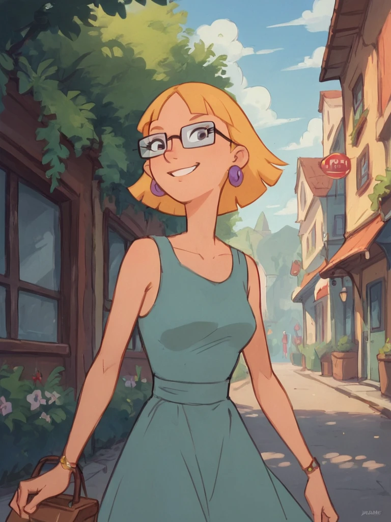 miriam, 1girl, glasses, earrings, jewelry, solo, short hair, blonde hair, smile, dress <lora:MiriampatakiPony1.1:0.8>, score_9, score_8_up, score_7_up, score_6_up, <lora:Smooth Anime Style LoRA XL:1> outdoors,