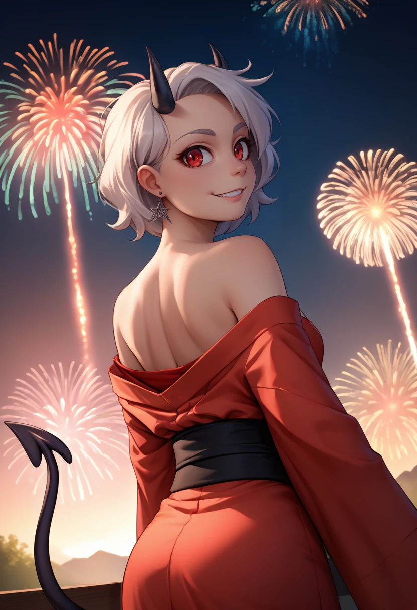 score_9, score_8_up, score_7_up, source_anime, from behind, solo, 1girl, htgeneric, smile, looking back, black horns, demon horns, red kimono,  off shoulder, black sash, earrings, demon tail, bare shoulders, fireworks <lora:helltaker_generic_ponyXL:1>