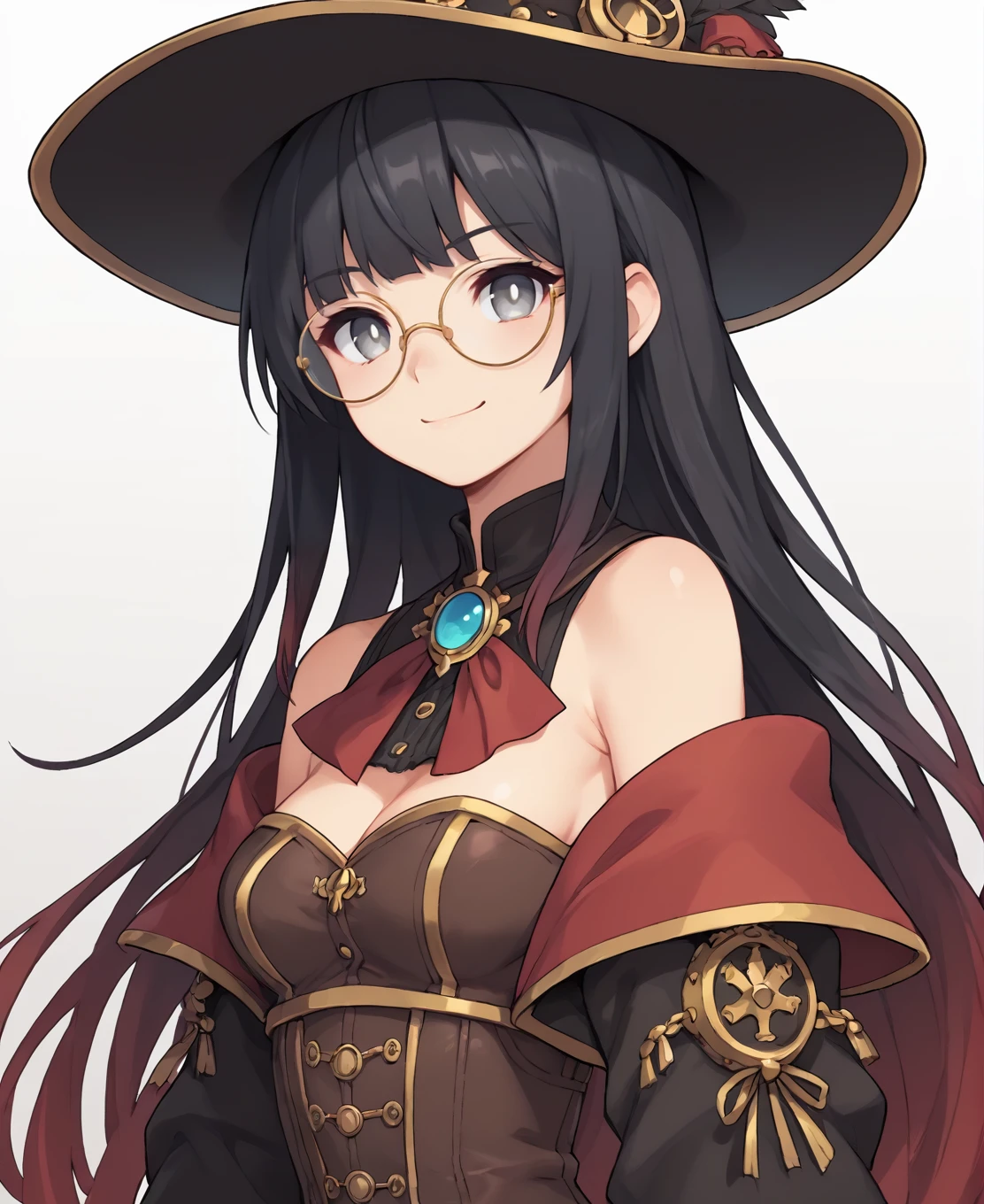 score_9, score_8_up, score_7_up, score_6_up, source anime, 1girl, solo, standing, off shoulder, armor, long sleeves, steampunk, hat, medium breasts, gradient hair, black hair, red tips, long hair, grey eyes, white pupils, smirk, portrait, bangs, closed mouth, round glasses, medium breasts