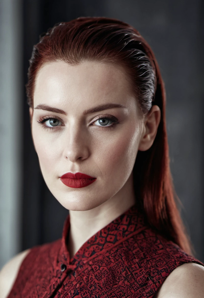 cinematic film still of extremely beautiful woman, Close-Up Portrait, looking at camera, attractive, slicked-back hair, Sashiko Bohemian clothing, Slate grey and deep red Shift dress, Red hair, Luxurious Penthouse or Mansion, Black and White photography, model face, 22 years old, 