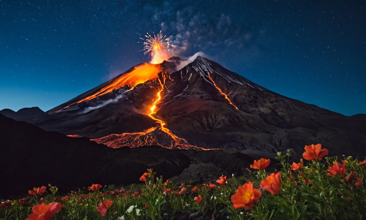 ep1cl@nd$c@pe, flower, volcano, explosion, mountain range, night time
