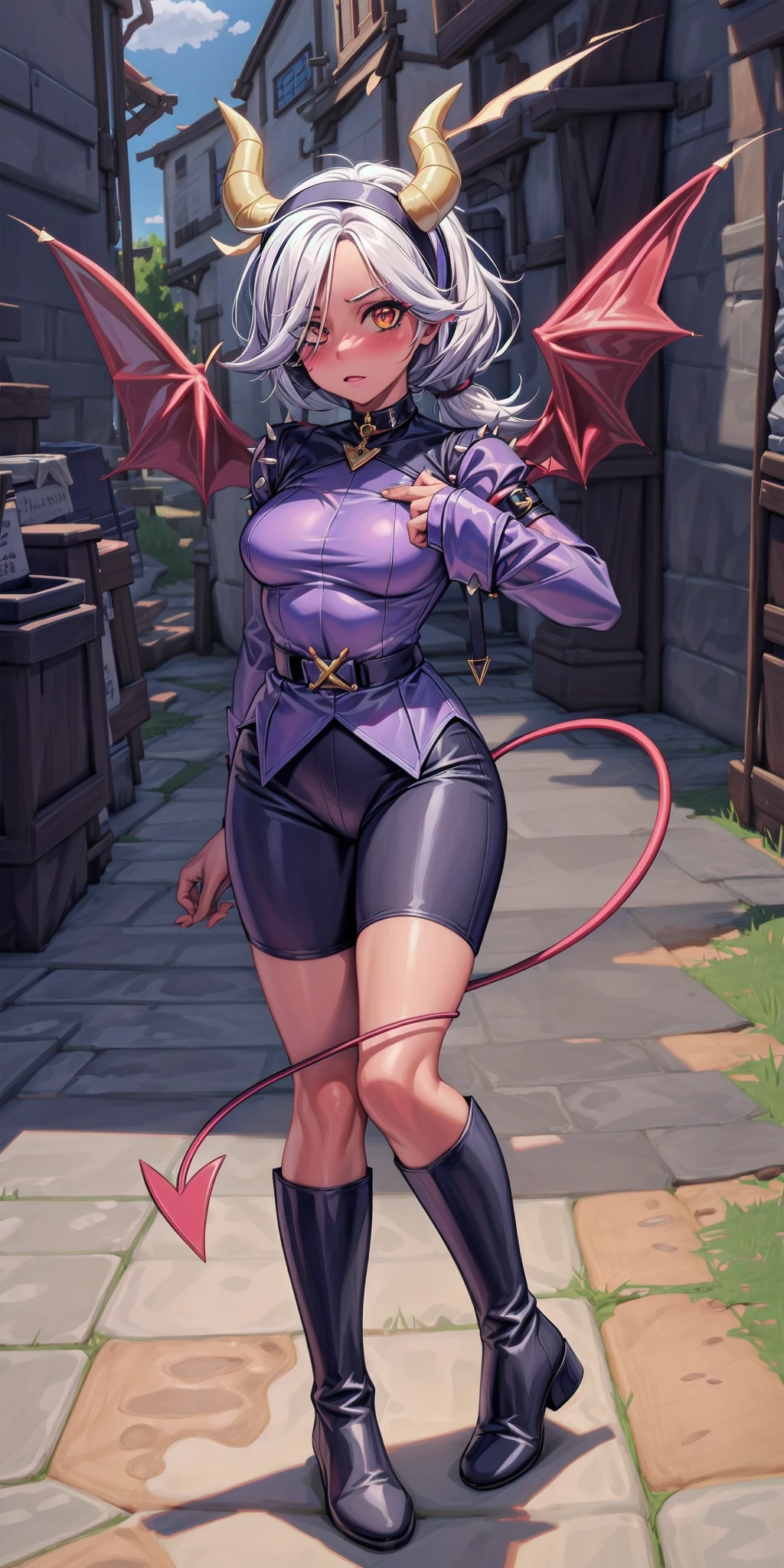 (masterpiece, best quality), trixie colette, 1girl, solo, demon girl, colored skin, red skin, red eyes, colored sclera, yellow sclera, short hair, ponytail, white hair, (hair over one eye), demon tail, demon horns, demon wings, medium breasts, hairband, choker, shirt, spikes, long sleeves, sleeves past fingers, sleeves past wrists, shorts, boots, knee boots, <lora:Trixie_Colette__Brawl_Stars_V1.0:0.7>, <lora:add_detail:0.5>, city, market, architecture, <lora:mondstadt_background-v11:0.7>