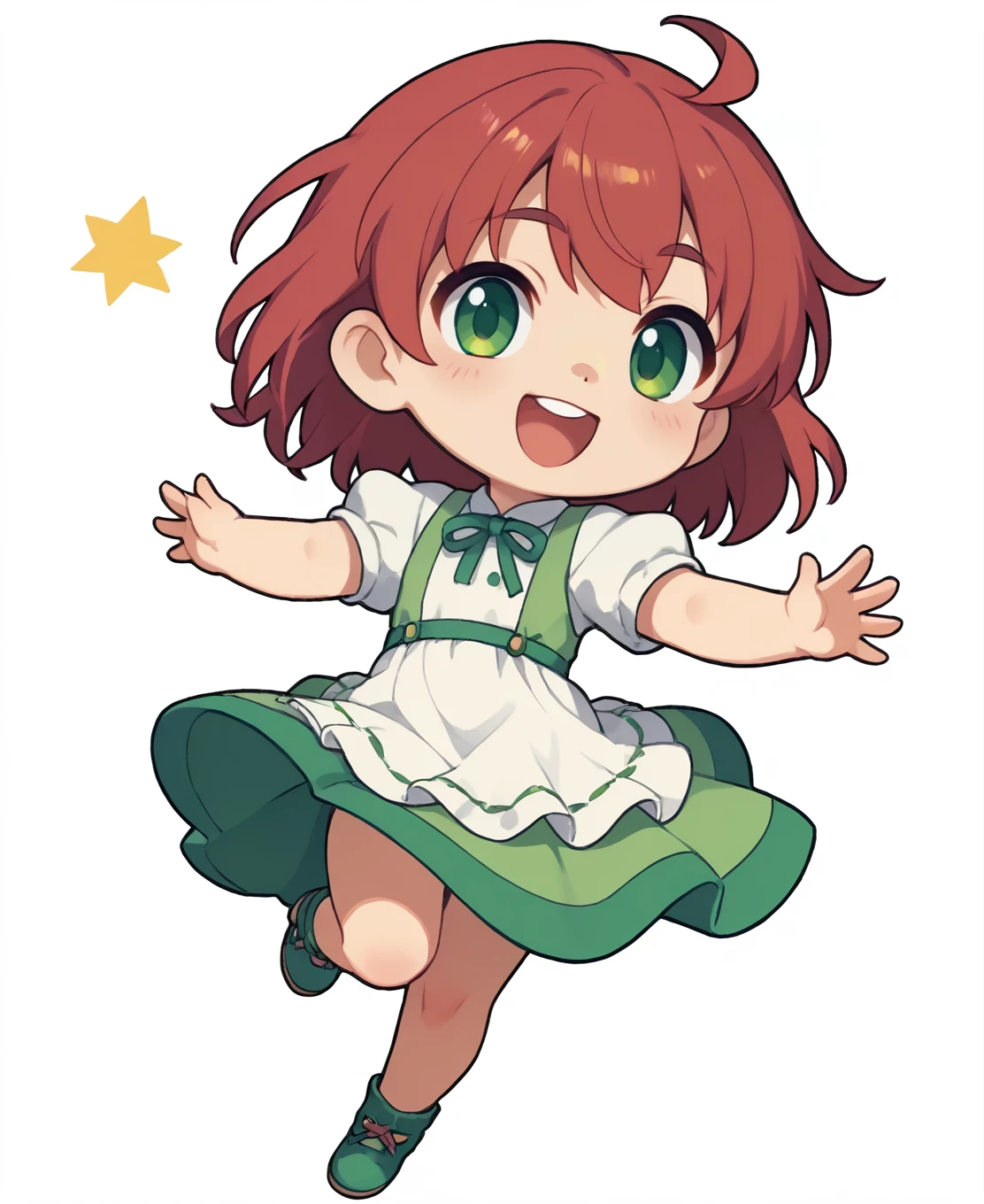 score_9, score_8_up, score_7_up, score_6_up, source anime, 1girl, solo, standing, (chibi:1.3), red hair, smile, jumping, dress, green eyes, happy, white background,