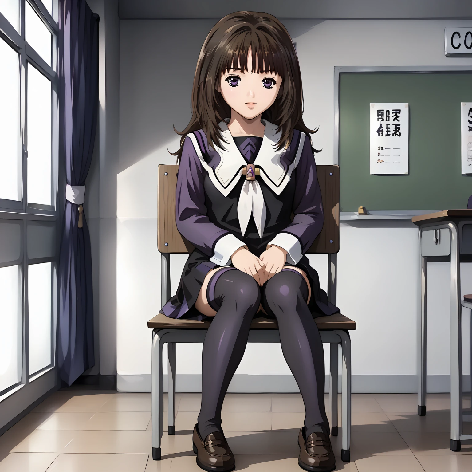 <lora:IoriYoshizukiXLpony001>,
solo,
IoriYoshizuki,1girl,brown hair,long hair,purple eyes,
school_uniform,black dress,long sleeves,
thighhighs,
full body,sitting,chair,