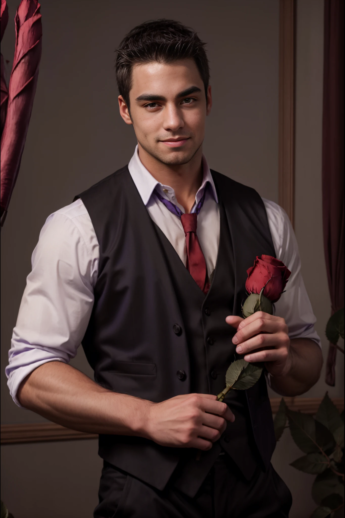 <lora:MaleModel_02:1>handsome, black hair, brown eyes, half smile, athletic, black vest, purple shirt, (((holding red rose))) to chin, portrait, interior: atmospheric bar