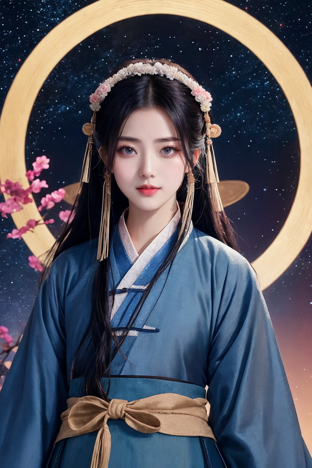 Starry sky,Milky Way,hanfu,a woman dressed in a traditional chinese hanfu,Dark( blue Hanfu:1.6),embroidered with many patterns,Dark blue hanfu,set against a cosmic backdrop,the woman has a serene expression,her hair is styled in an intricate updo,and she wears a delicate headpiece,the hanfu is a flowing garment with a gradient of colors,transitioning from a light blue at the bottom to a deeper shade at the top,the environment is filled with stars and nebulae,giving the image a dreamy and ethereal quality,at night,the background is a starry sky,
realistic,ultra-fine painting,sharp focus,extreme detail description,