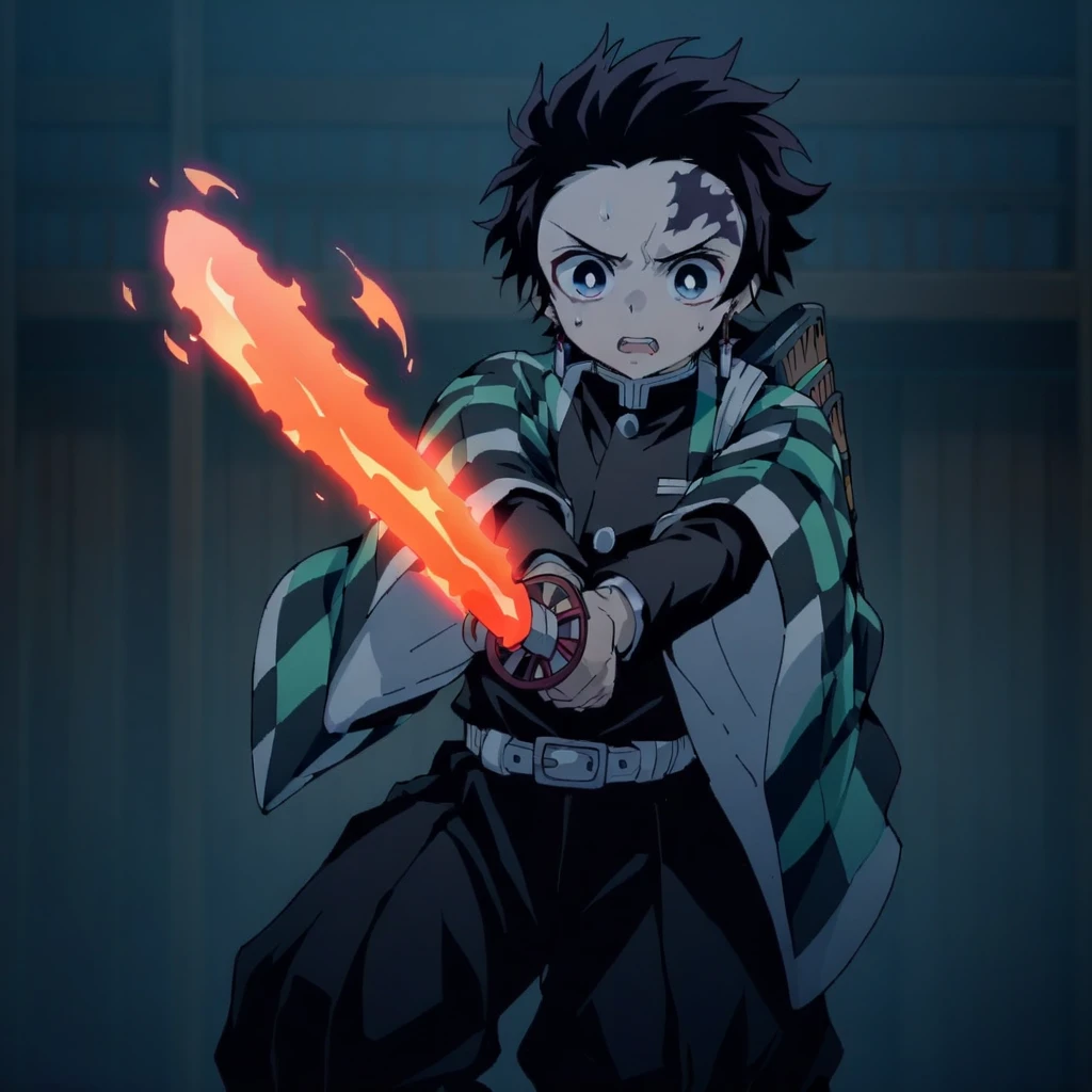 A boy holding a fire sword . <lora:Ichimonji:0.9>,two hand <lora:tanjiro:0.8> , checkered clothes, demon slayer uniform, black pants
