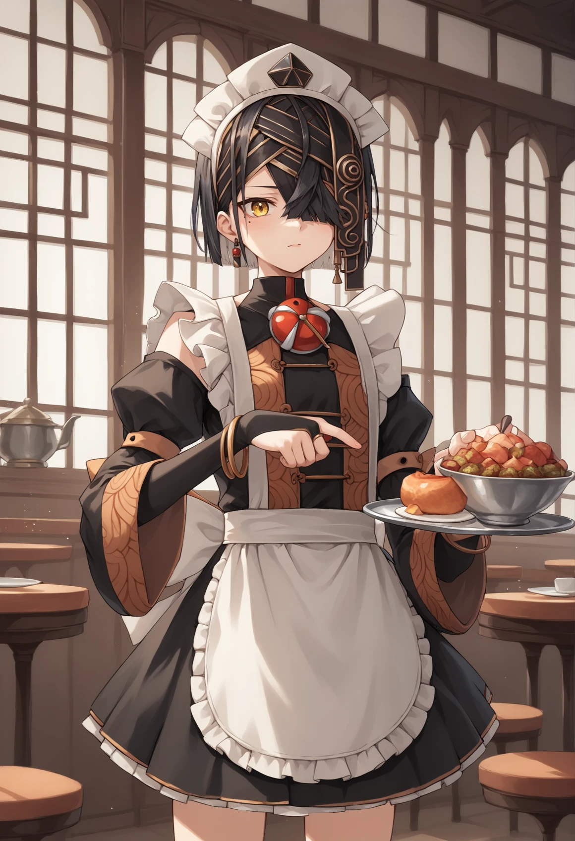 1girl, short hair, black hair, hair over one eye, yellow eyes, mole under eye, hairband, hairpin, maid, maid apron, chinese clothes, long sleeves, wide sleeves, detached sleeves, skirt, bridal gauntlets, hat, jewelry, bracelet, standing, indoors, cafe, hodling tray, dynamic pose, cowboy shot <lora:Xu_Fu_XL:1>, score_9, score_8_up, score_7_up, score_6_up, score_5_up, score_4_up, BREAK source_anime, masterpiece